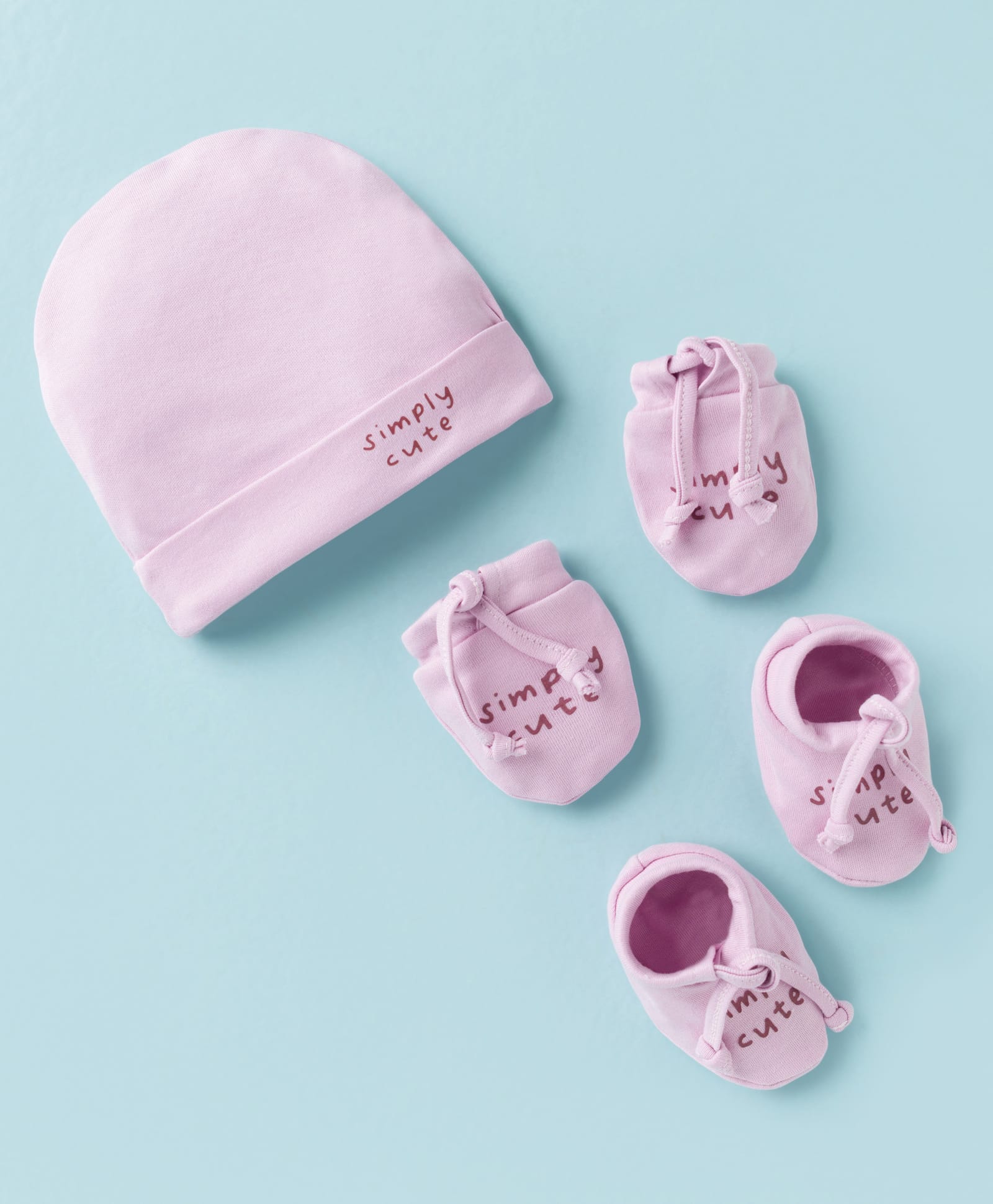 Simply Interlock Knit Cap Mittens & Booties With Simple Cute Print Lilac - Diameter 10 cm