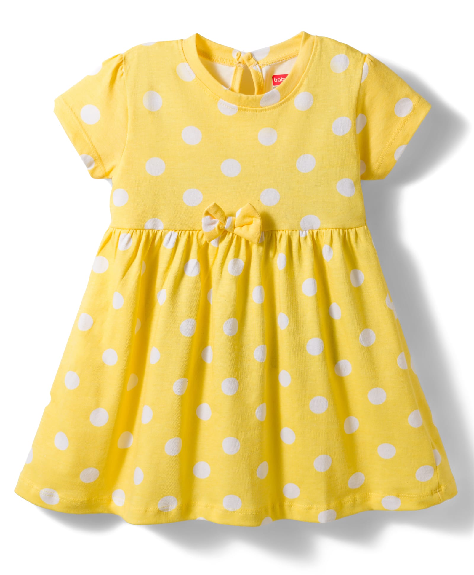 Babyhug Single Jersey Knit Half Sleeves Frock With Polka Dot Print & Bow Applique - Yellow-picture-19