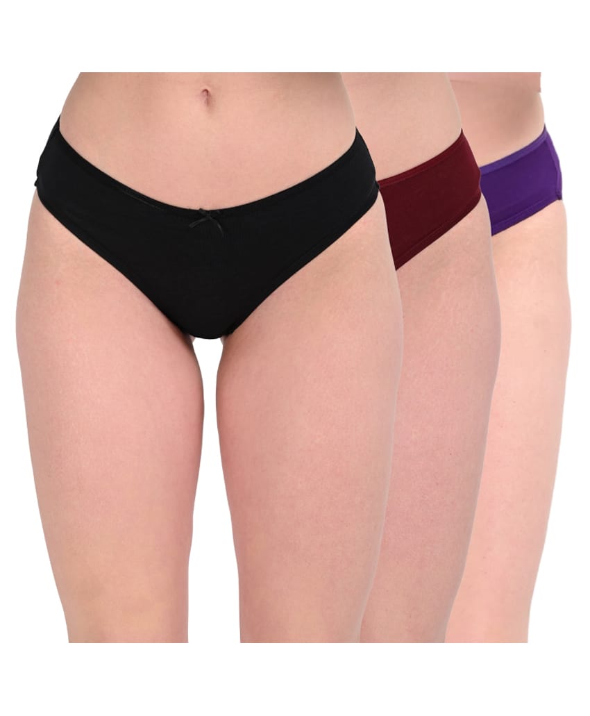 Adira Cotton Knit Pack Of 3 Solid Bikini Panties - Black Wine & Purple-picture-25