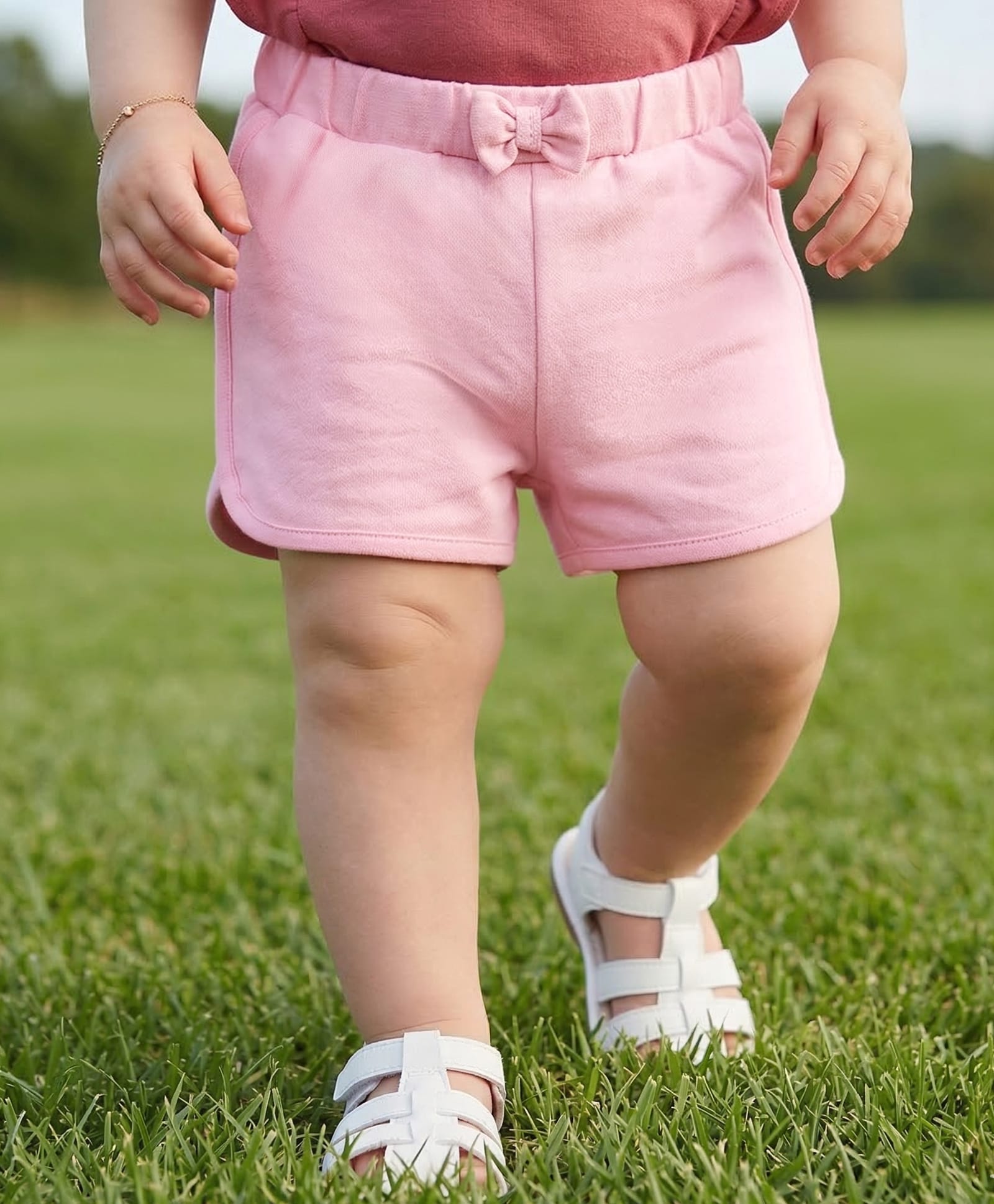 Babyoye Cotton Knit Solid Color Shorts with Bow Applique - Light Pink-picture-28