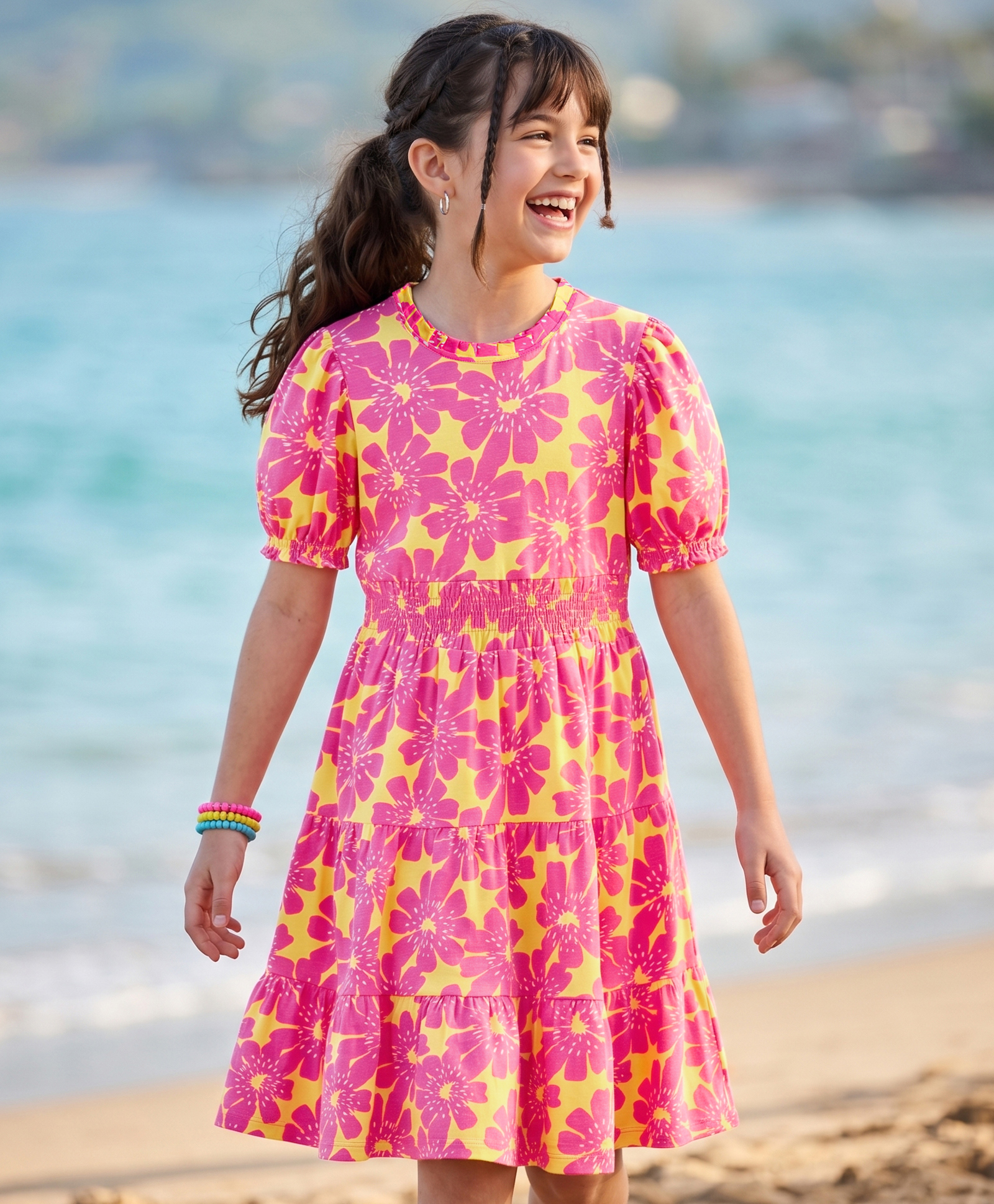 Pine Kids Cotton Knit One Piece Dresses/Frocks with Puff Sleeves, Round Neck, Floral Print Multi Colors 4-5 Years-image-5
