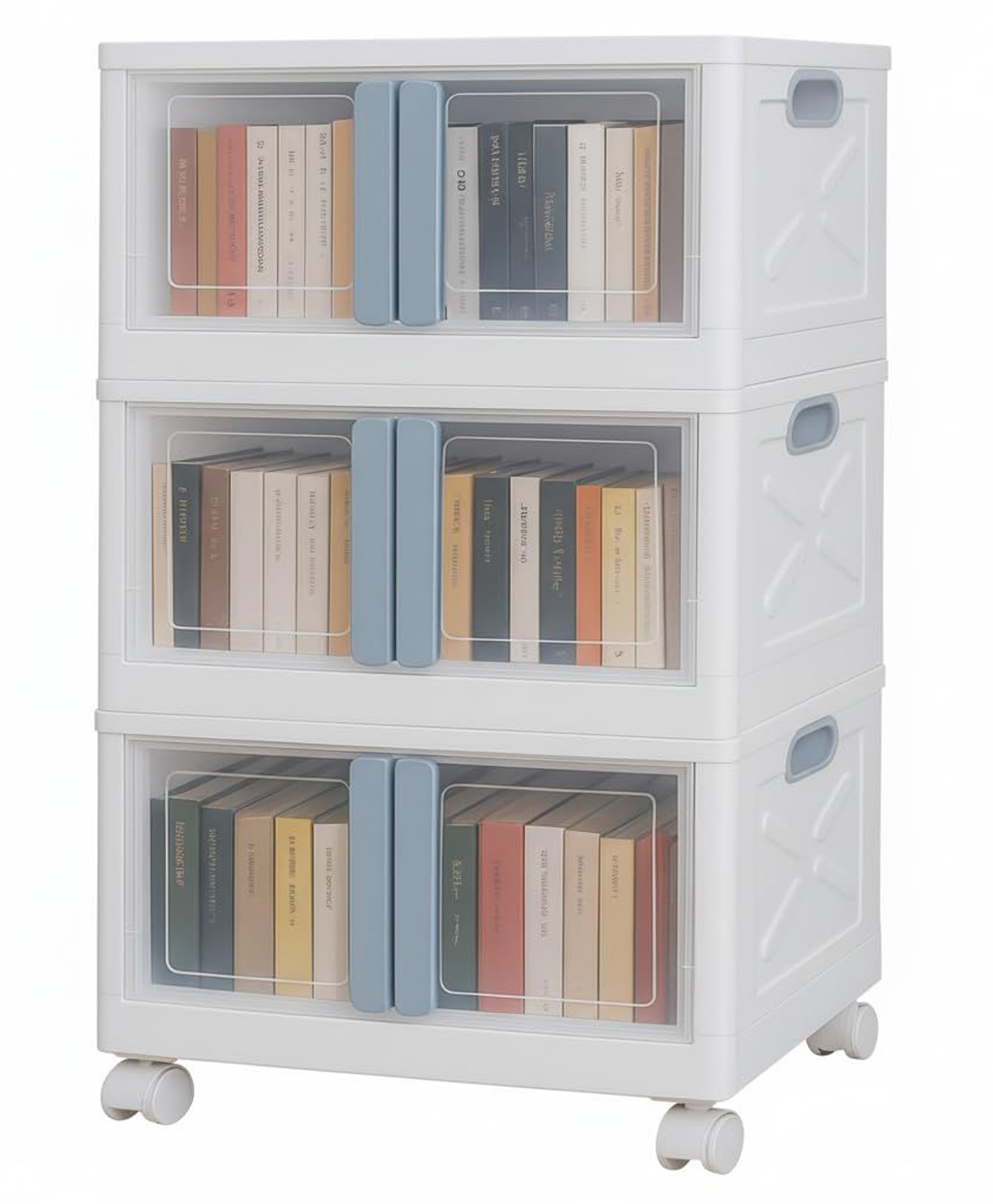 MECHDEL Stackable Storage Box with Wheels Front Door Cabinet Collapsible Organiser for Living Room Bedroom Books cabinets for living room and book organiser - WHEELS WHITE 3PCS-image-31