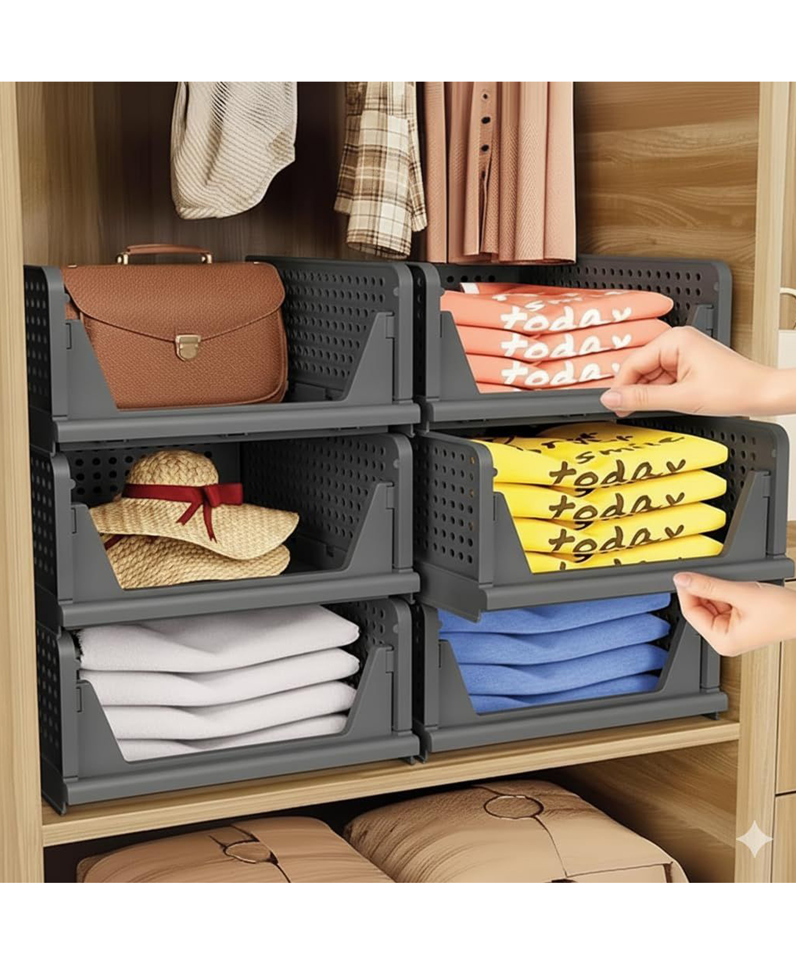 MECHDEL Wardrobe Organizer for Storage Polypropylene Foldable & Stackable Closet Basket Cupboard Organizer for Clothes Mounted Closet Systems FOLDABLE BASKET-GREY 12PCS-image-46