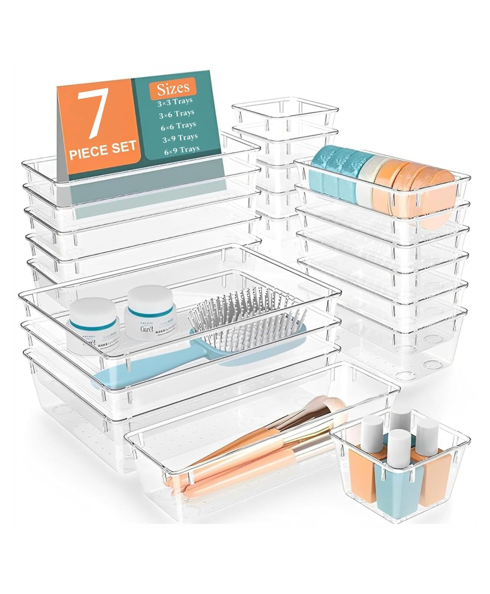 MECHDEL Drawer Organizer Set/Bathroom and Dressing Table Trays/Cosmetic Display/Bathroom Cosmetic Organizers/Unbreakable Drawer Organizer/Drawers Divider Tray (Transparent, 7PCS Set)-image-4