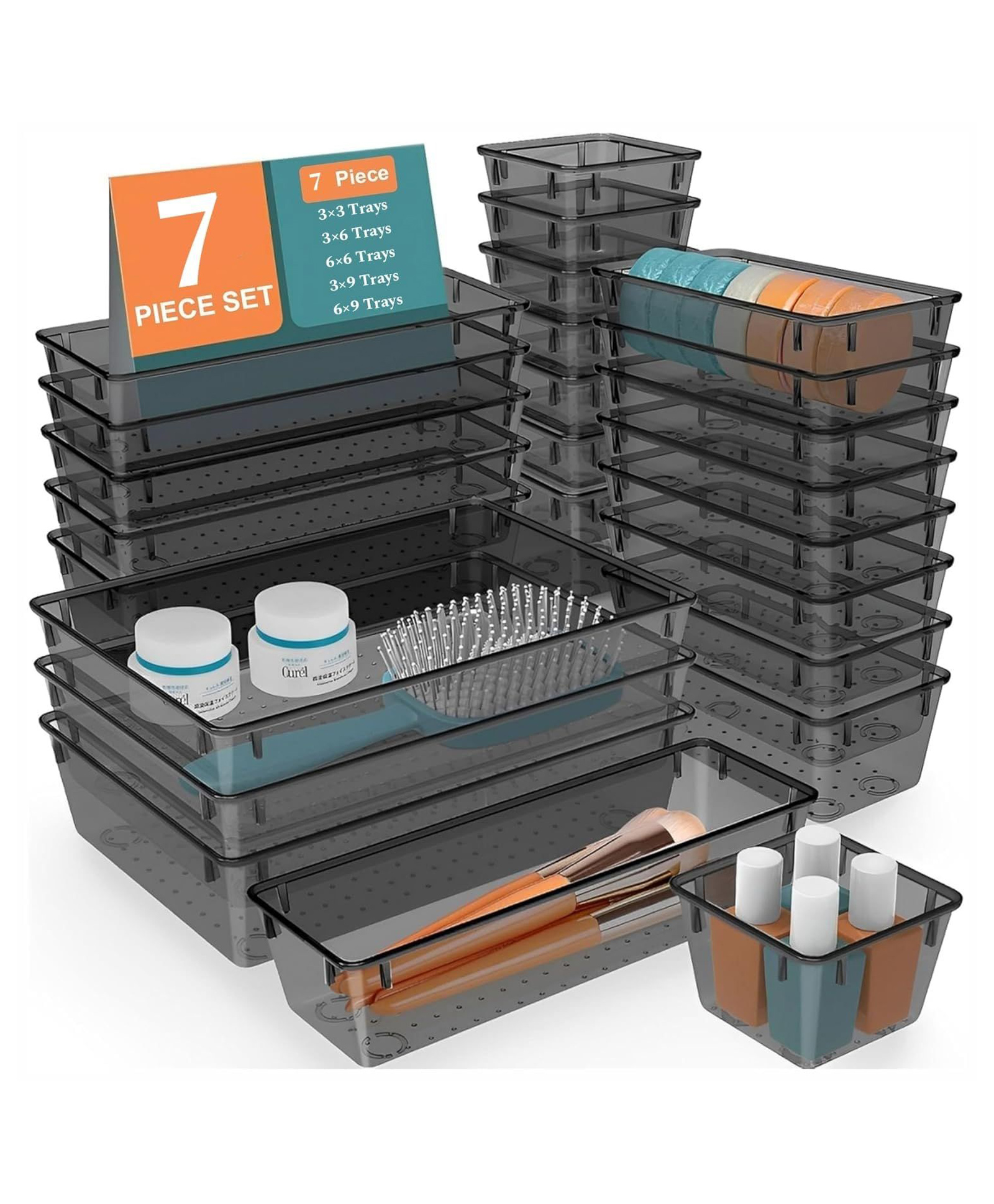 mechdel Drawer Organizer Set/Bathroom and Dressing Table Trays/Cosmetic Display/Bathroom Cosmetic Organizers/Unbreakable Drawer Organizer/Drawer Divider Tray (Black, 7PCS SET)-picture-21