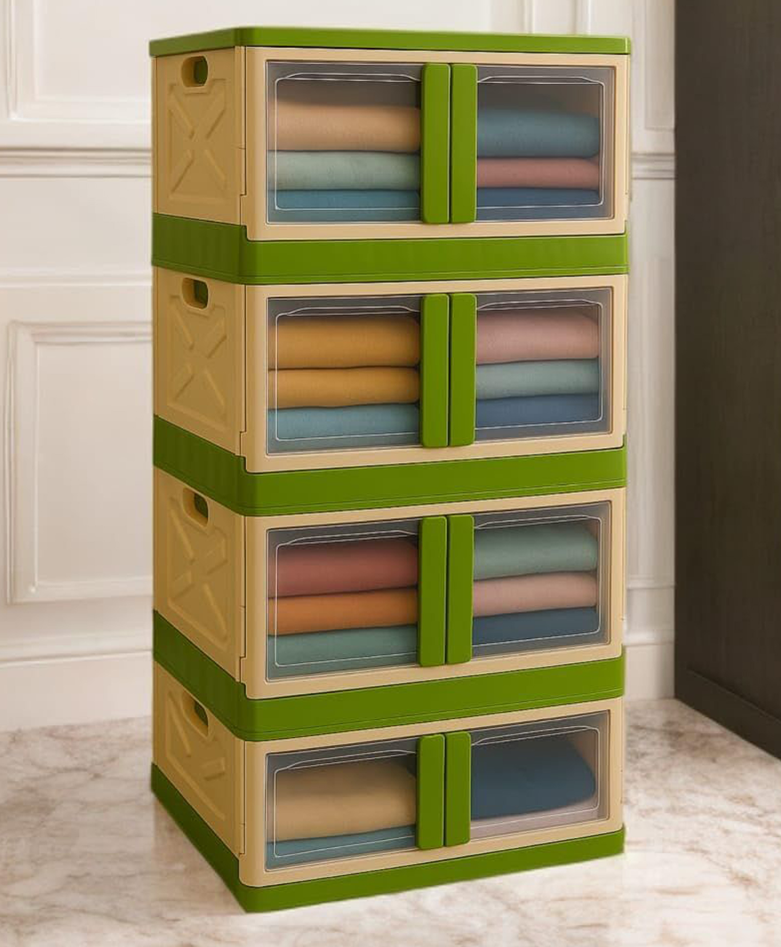 MECHDEL Wardrobe Organizer for Storage Polypropylene Foldable & Stackable Closet Basket Cupboard Organizer for Clothes Mounted Closet Systems STORAGE BIN- Parrot Green 4 PCS-image-45