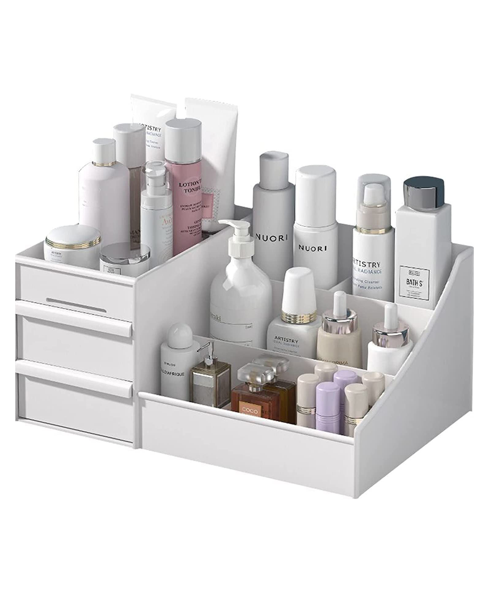 MECHDEL Makeup Desk Organizer With Drawers Bathroom Countertop Organizer for Cosmetics Vanity Holder for Lipstick Brushes Lotions Eyeshadow Nail Polish and Jewelry - White