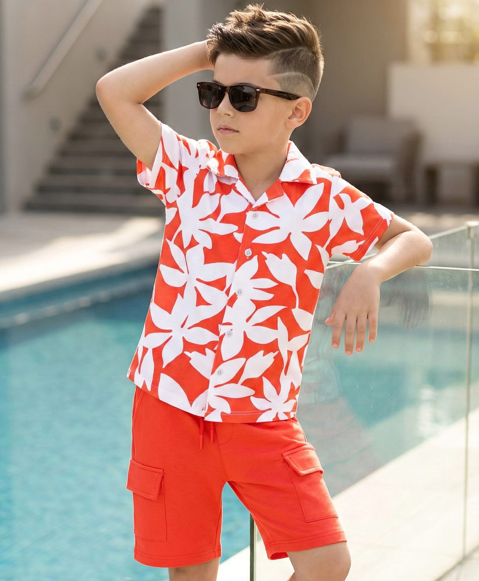 OLLINGTON ST. Cotton Knit Half Sleeve Floral Printed Shirt & Shorts Set - Multicolour & Rust-image-16