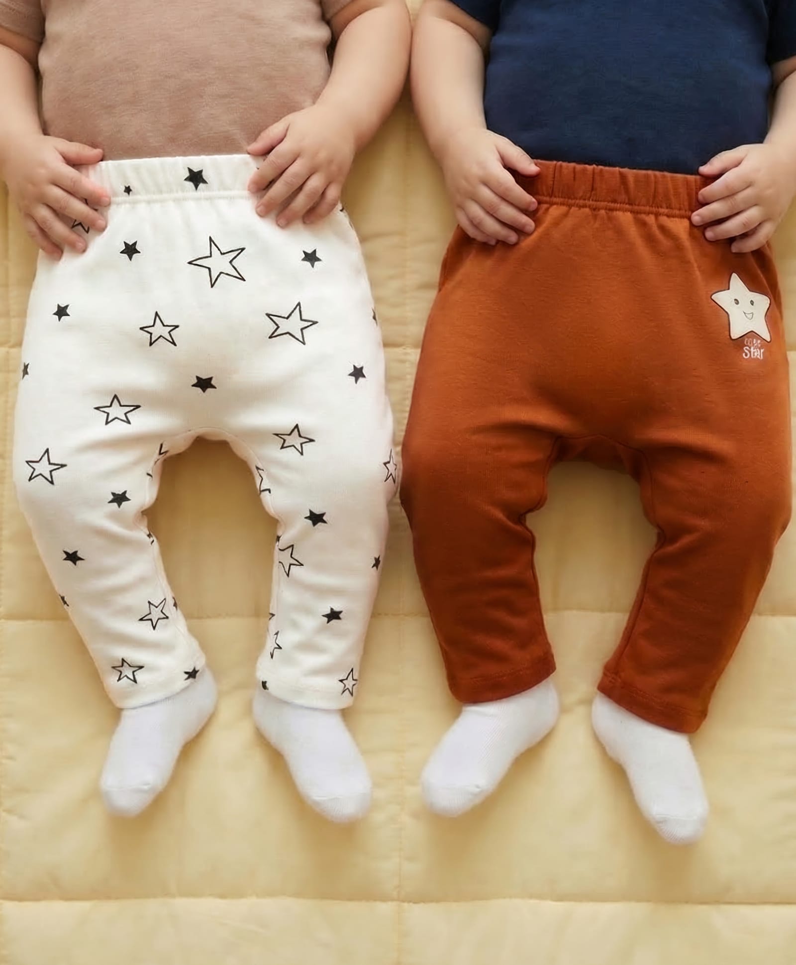 Babyoye 100% Cotton Knit Full Length Star Printed Diaper Leggings With Eco Jiva Finish Pack Of 2- White & Rust Orange-image-41