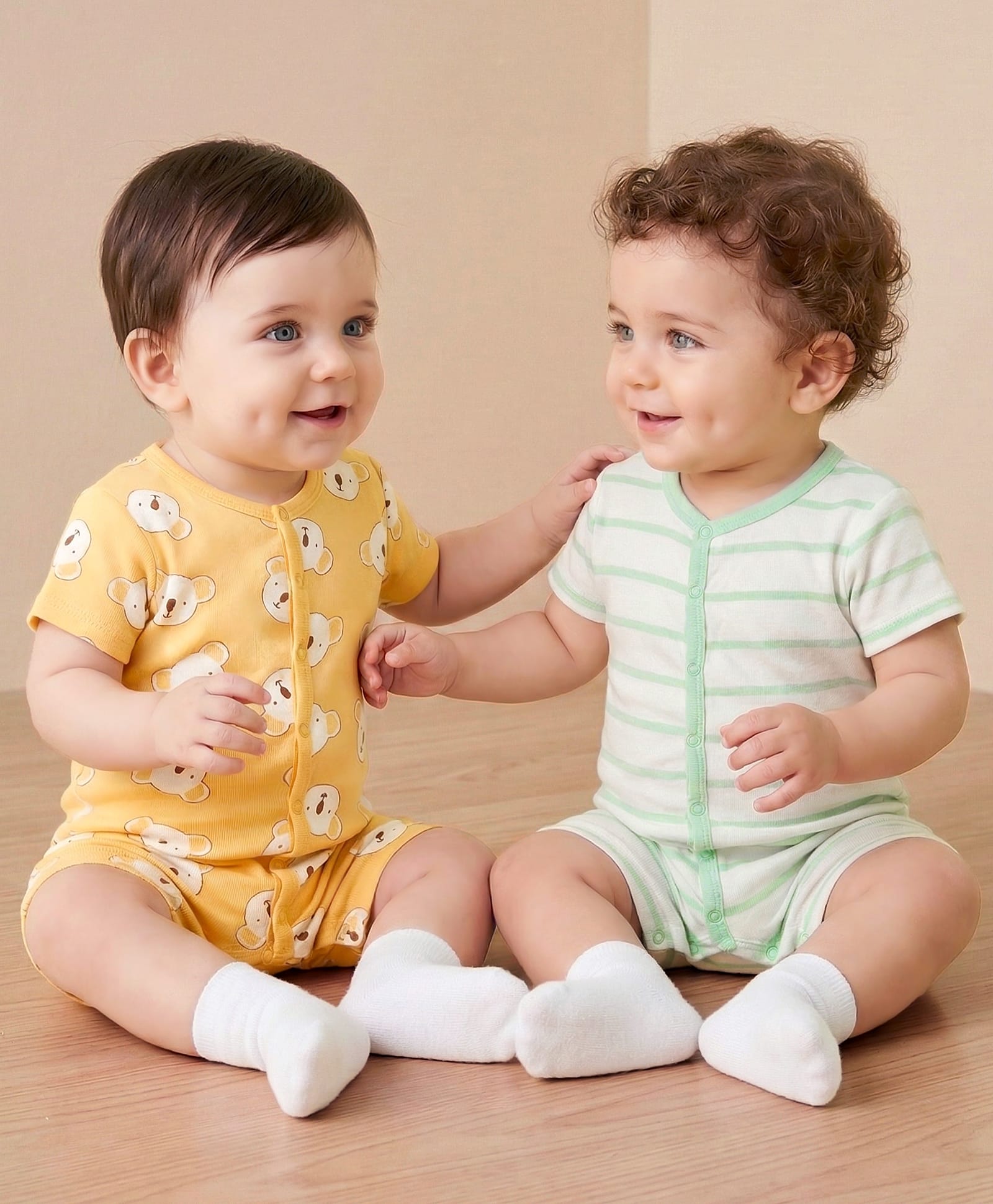 Babyoye 100% Cotton Knit Half Sleeves Striped Rompers with Bear Print Pack of 2 - Yellow & Sea Green-picture-17
