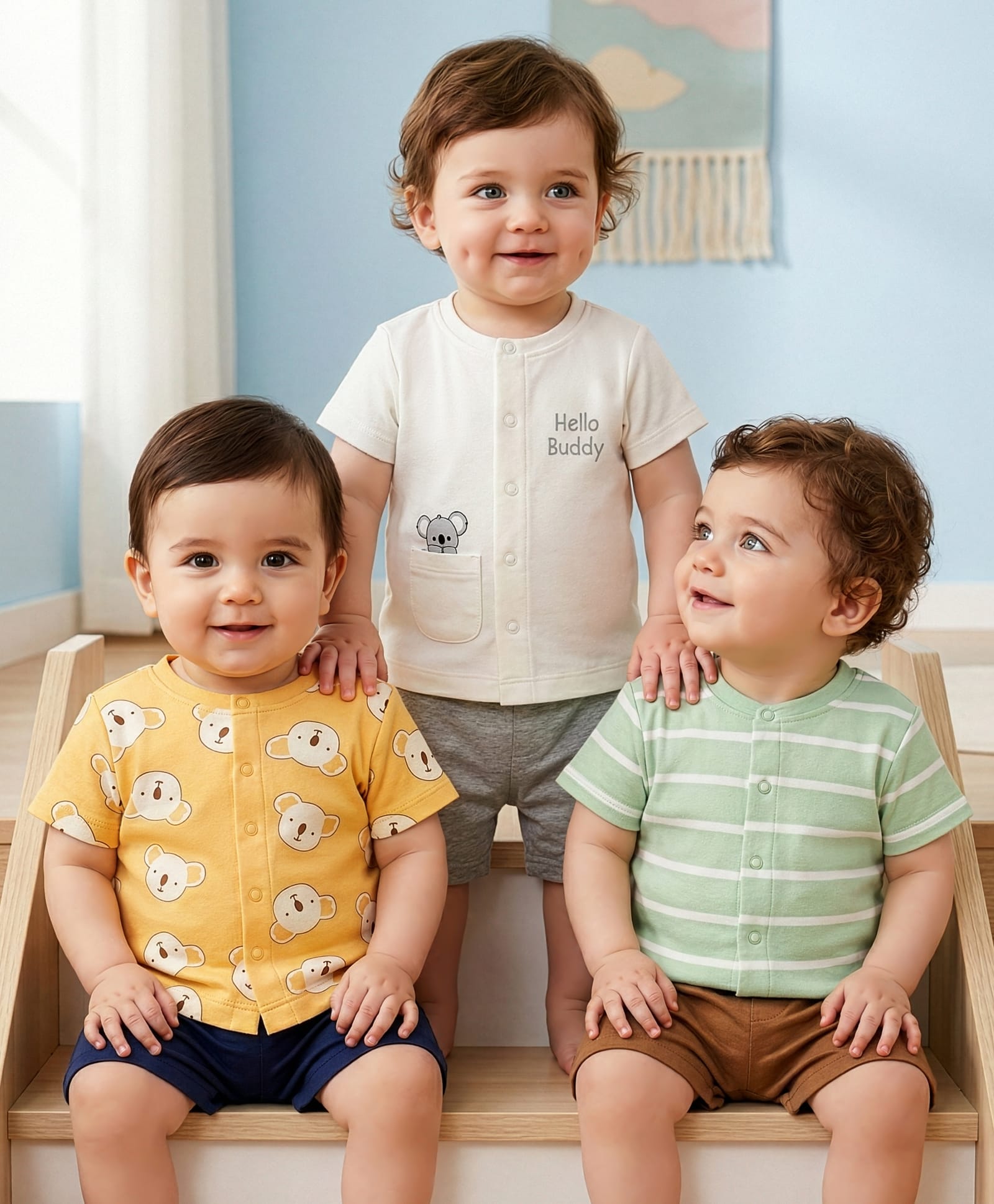 Babyoye 100% Cotton Knit Half Sleeves Striped & Koala Printed Front Open Jhablas Pack of 3 - White Green & Orange-image-25
