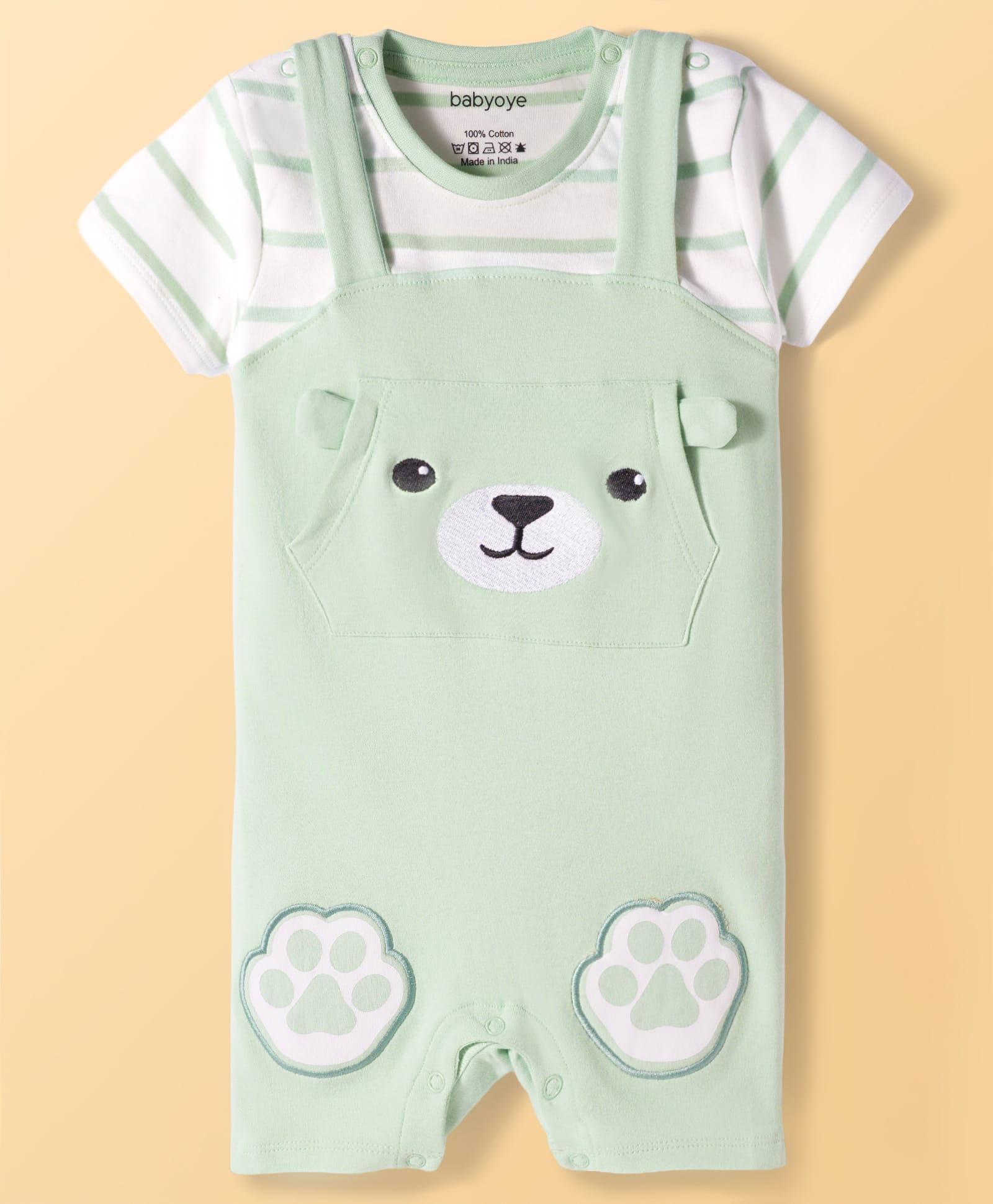 Babyoye 100% Cotton Knit Half Sleeves Romper With Teddy Bear Embroidery - Light Green-image-39