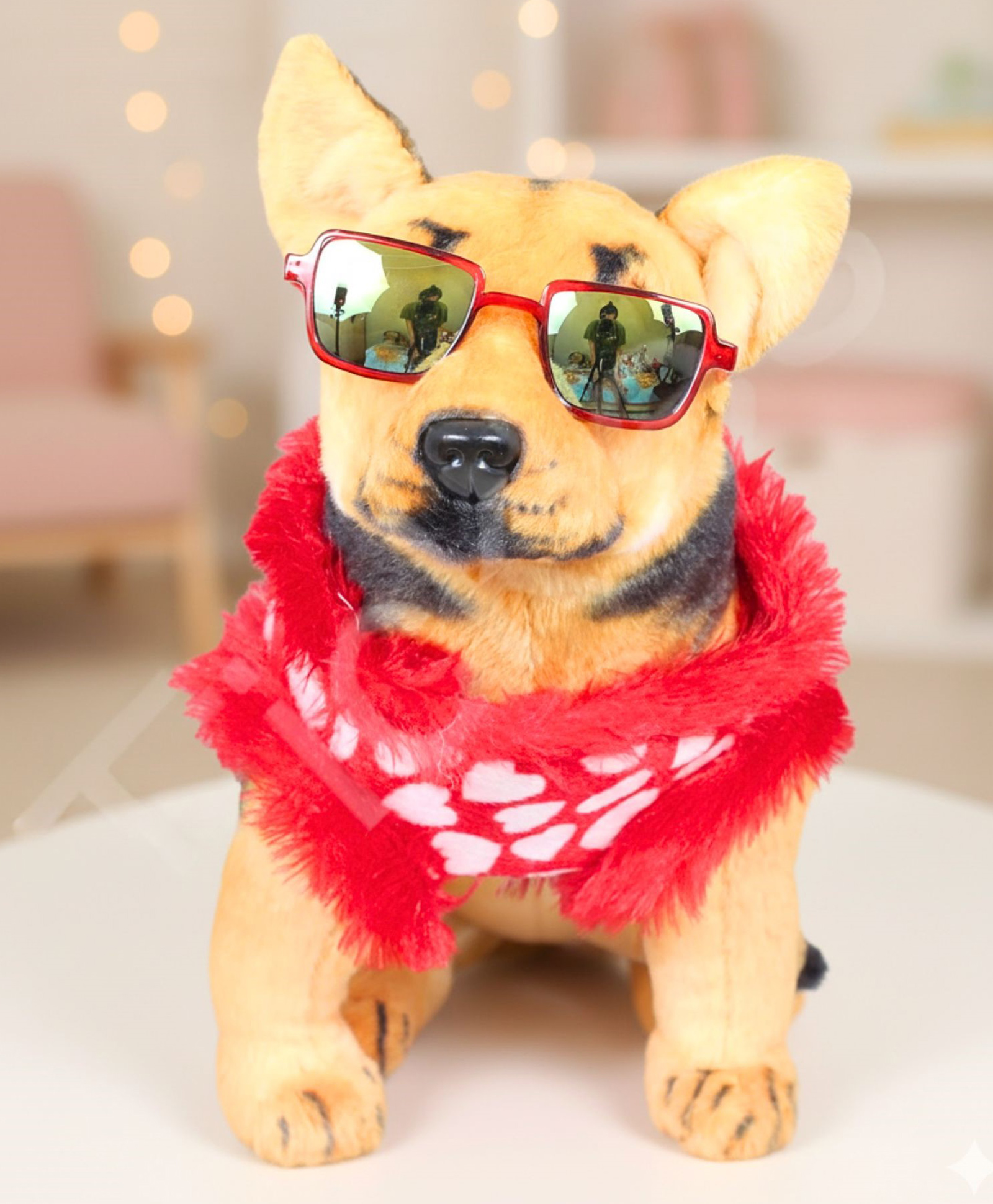 Tickles Soft Stuffed Plush Animal Sitting German Shepherd Dog Wearing Red Dress with Googles Toy for Kids Home Decor (Color: Brown Size: 44 cm)-image-16
