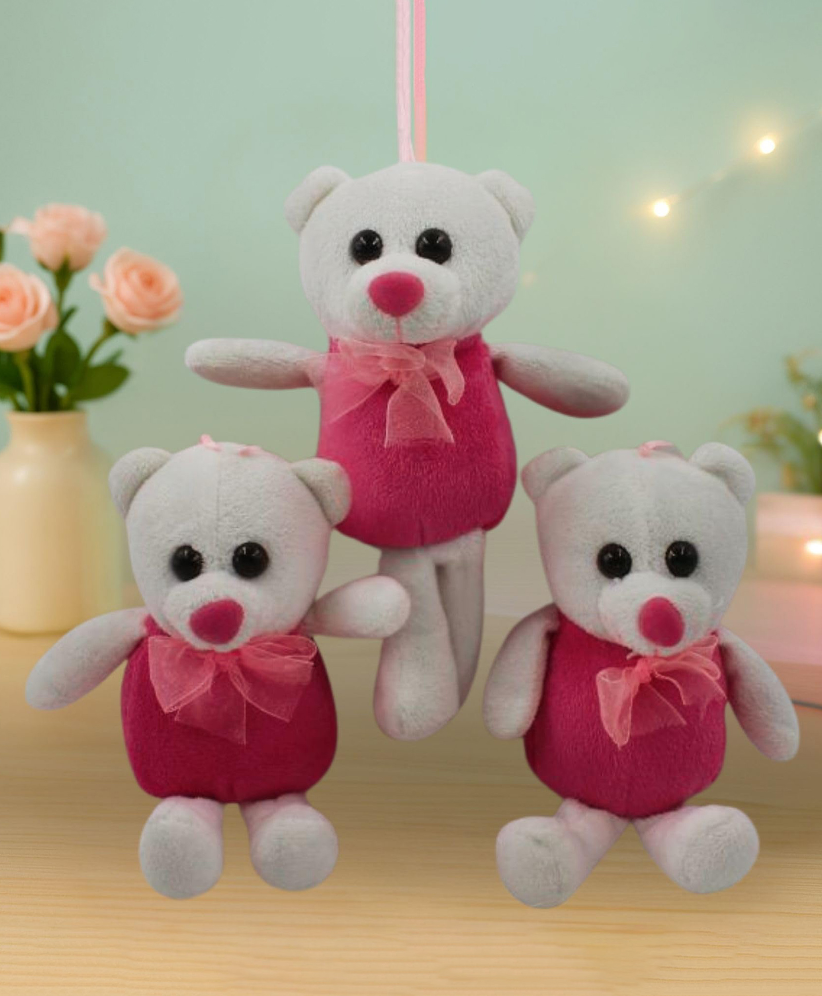 Tickles Cute Small Hanging Teddy Bears with Bow Soft Stuffed Plush Toy for Kids Boys & Girls Birthday Gift, Set of 3 (Color: Pink & White Height: 12 cm)-image-47