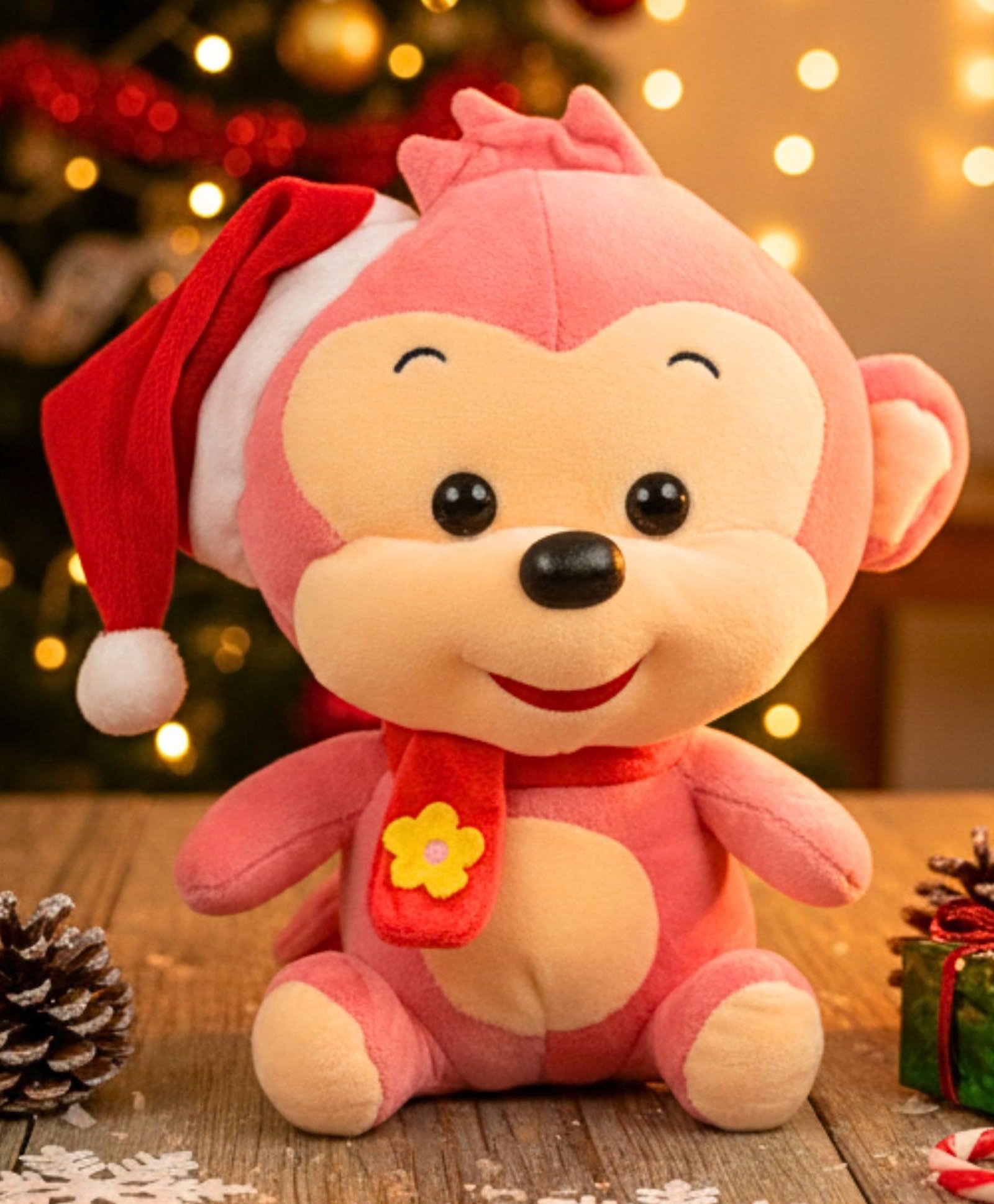 Tickles Christmas Smiling Monkey with Santa Hat & Scarf Soft Stuffed Plush Animal Toy for Kids Boys & Girls Birthday Gift (Color: Pink, Size: 25 cm)-image-28