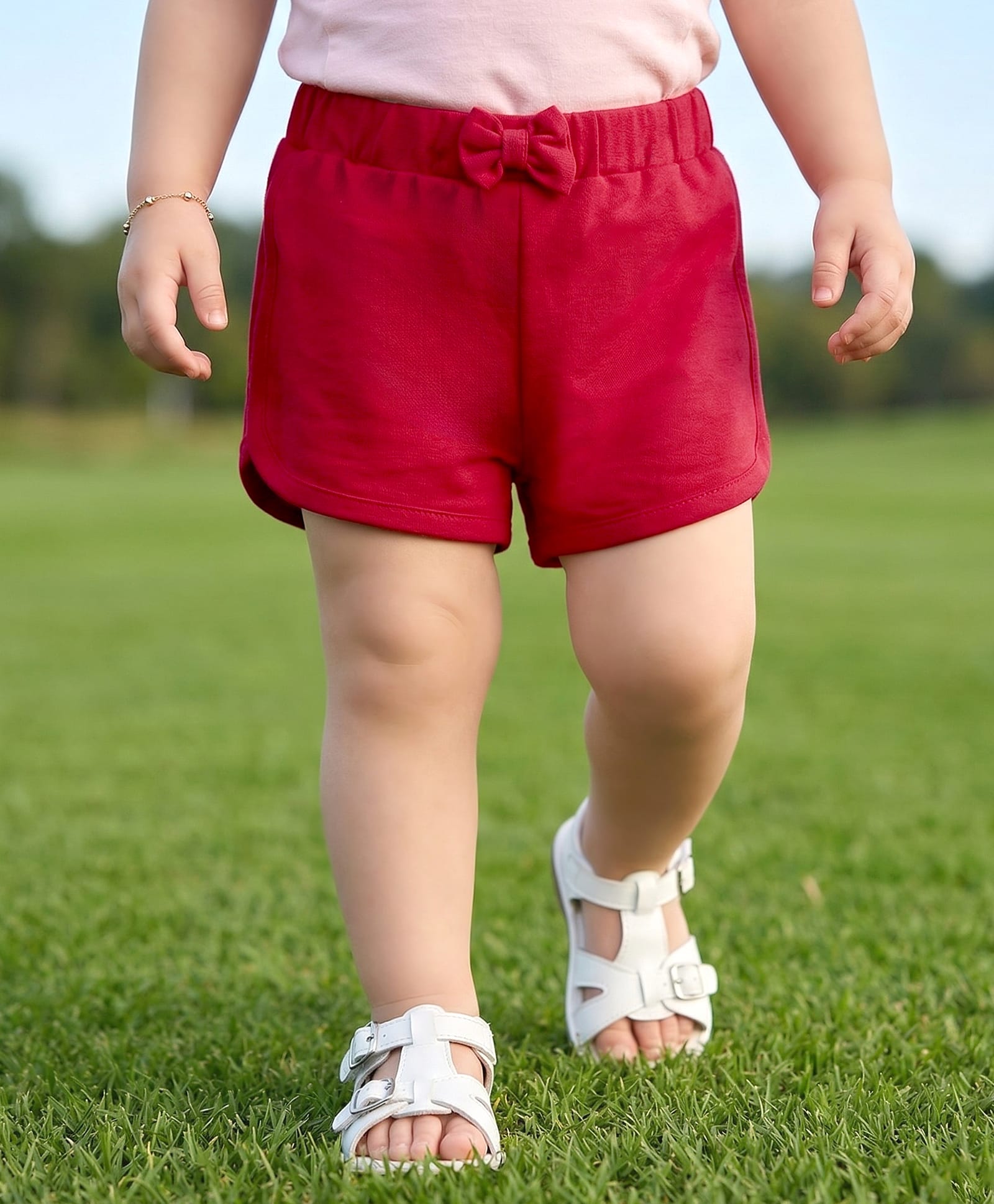 Babyoye Cotton Knit Solid Color Shorts with Bow Applique - Red-picture-13