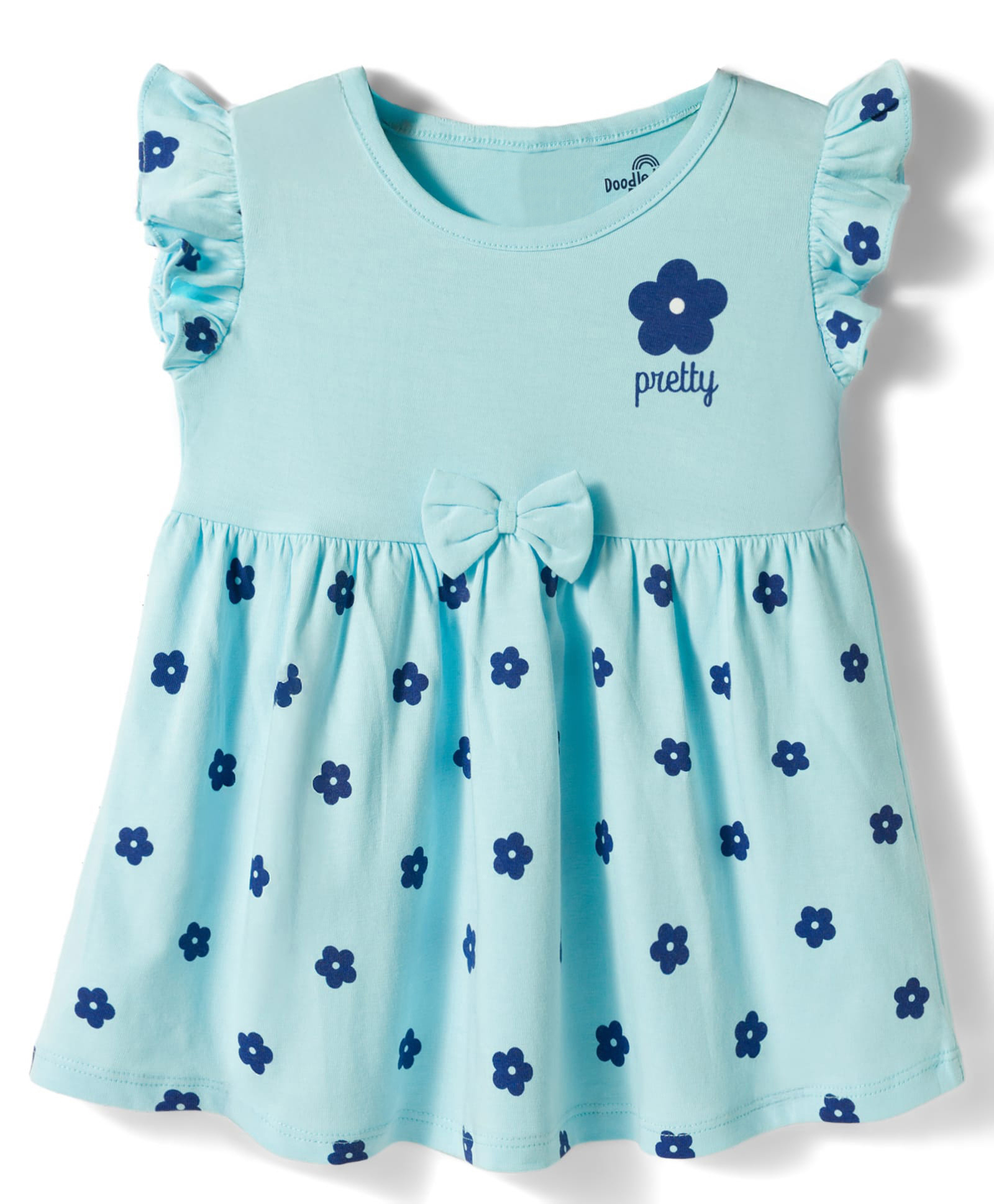 Doodle Poodle 100% Cotton Knit Frill Sleeve Floral Printed Frock with Bow Applique - Light Blue-image-40