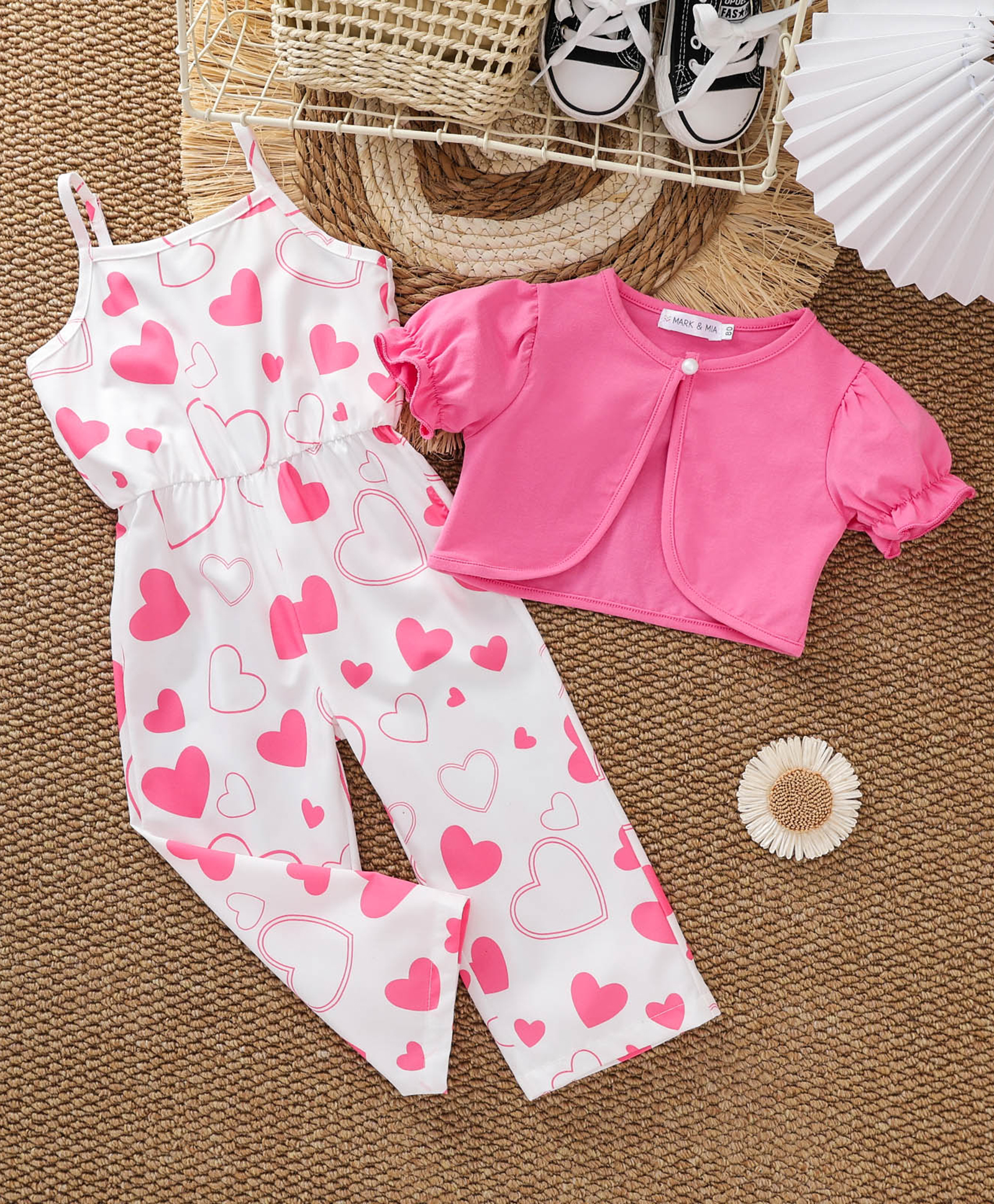 Mark & Mia Cotton Half Puffed Sleeves Shrug & Heart Printed Jumpsuit - Pink & White-image-36