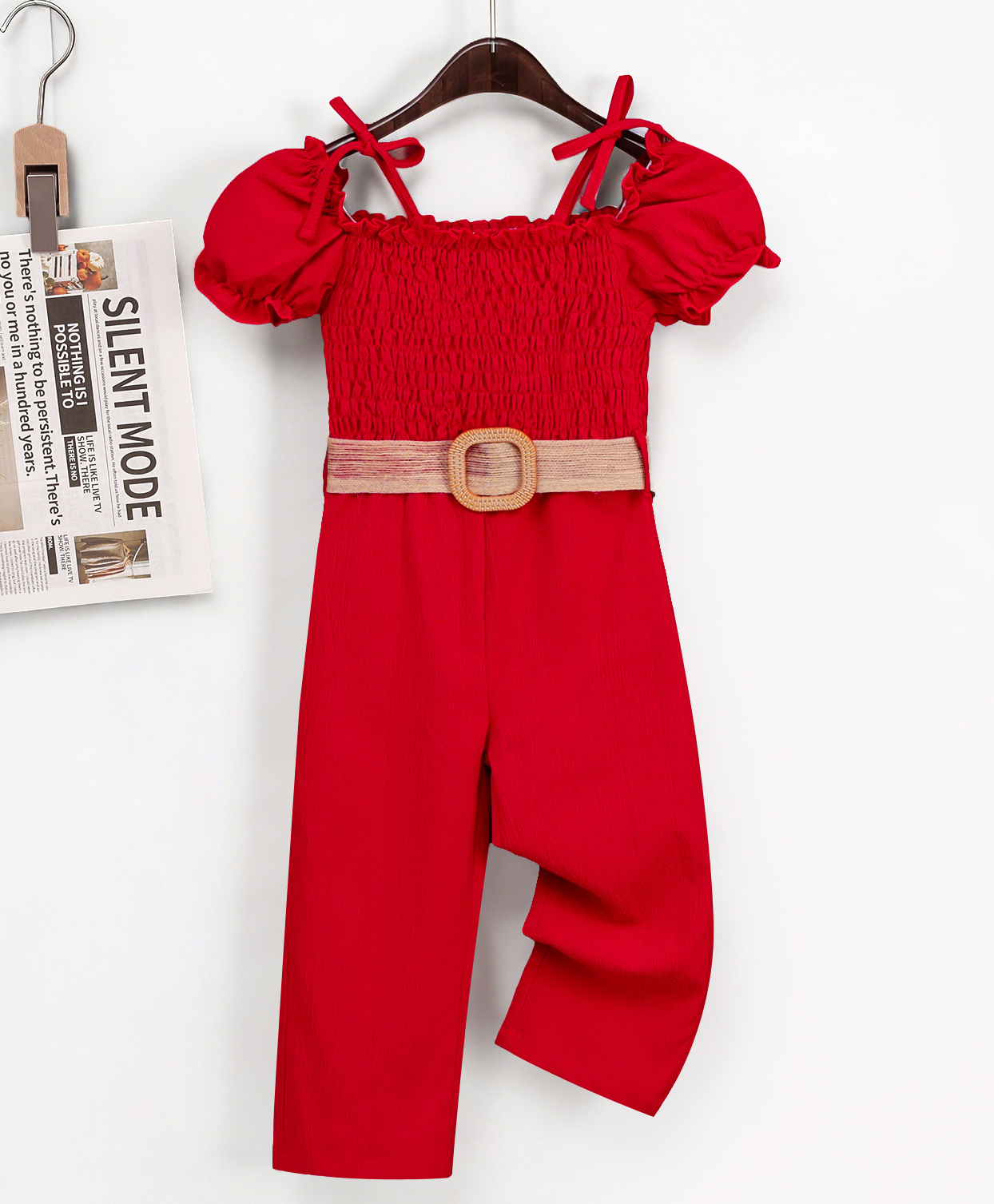 Mark & Mia Half Puffed Sleeves Solid Color Jumpsuit with Belt - Red-image-48