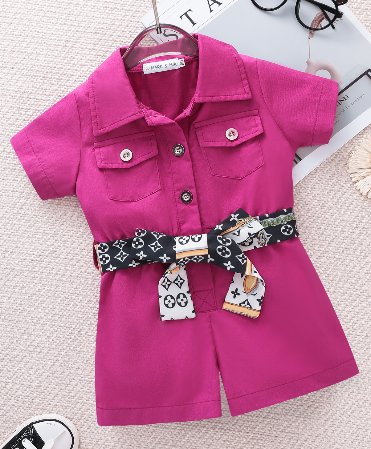 Mark & Mia Cotton Half Sleeves Solid Color Jumpsuit with Belt - Fuchsia-picture-32