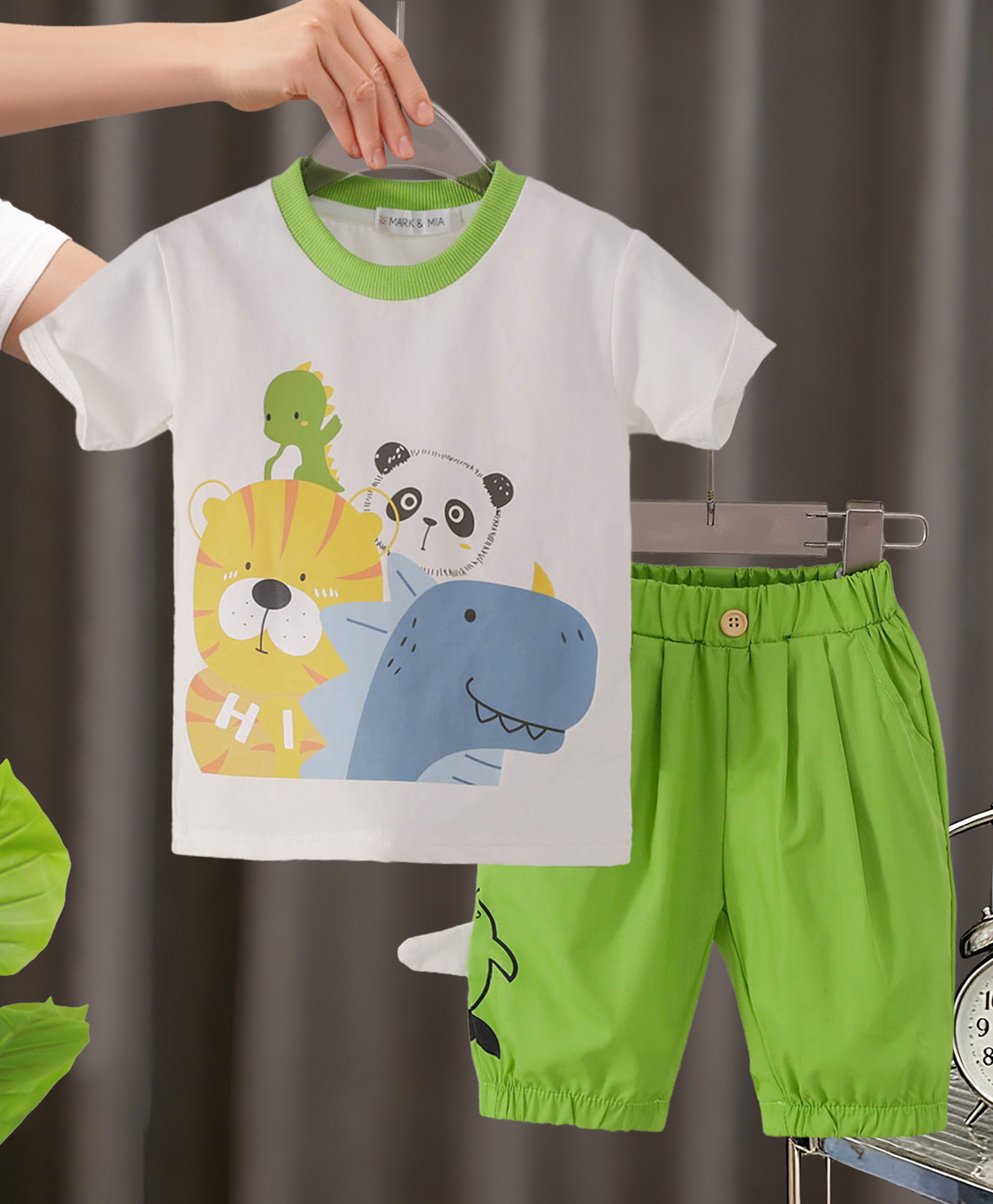 Mark & Mia Half Sleeves Animal Printed T-Shirt & Pant Set - White & Lime Green-image-15