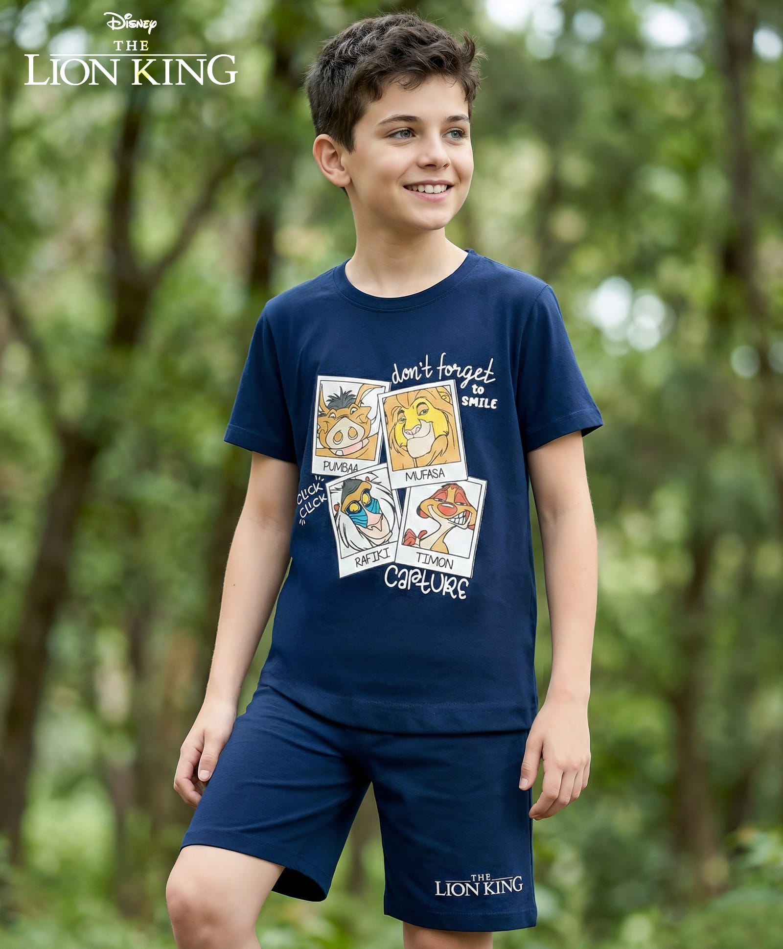 Pine Kids Disney Single Jersey Knit Half Sleeves T-Shirt & Shorts Night Suit with Simba & Friends Graphic - Navy Blue-image-13