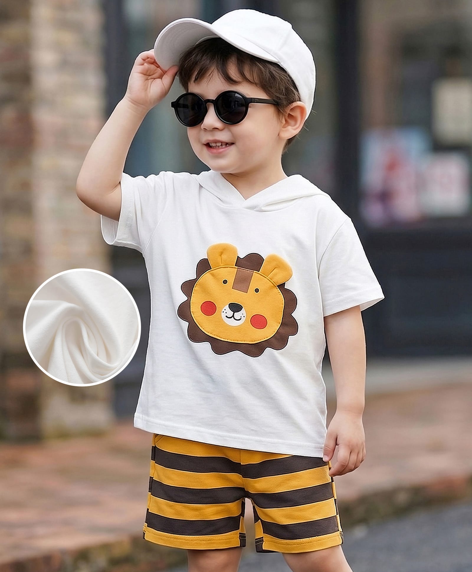 Mark & Mia Cotton Half Sleeves Lion Patch Hooded T-Shirt & Shirts Set With Stripes - White & Yellow-image-21