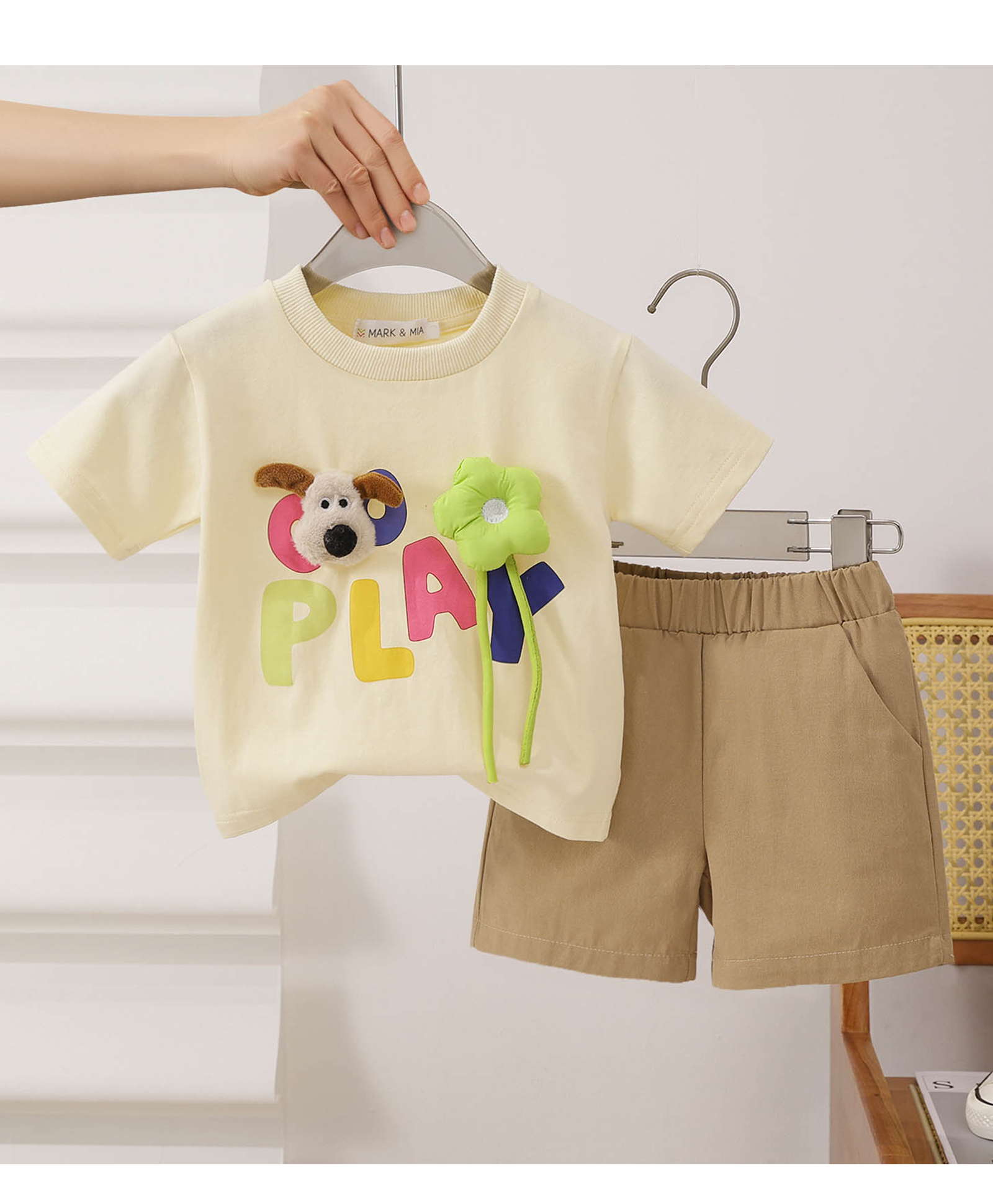 Mark & Mia Cotton Half Sleeves Puppy & Floral Applique T-Shirt & Shorts Set - Beige-image-8