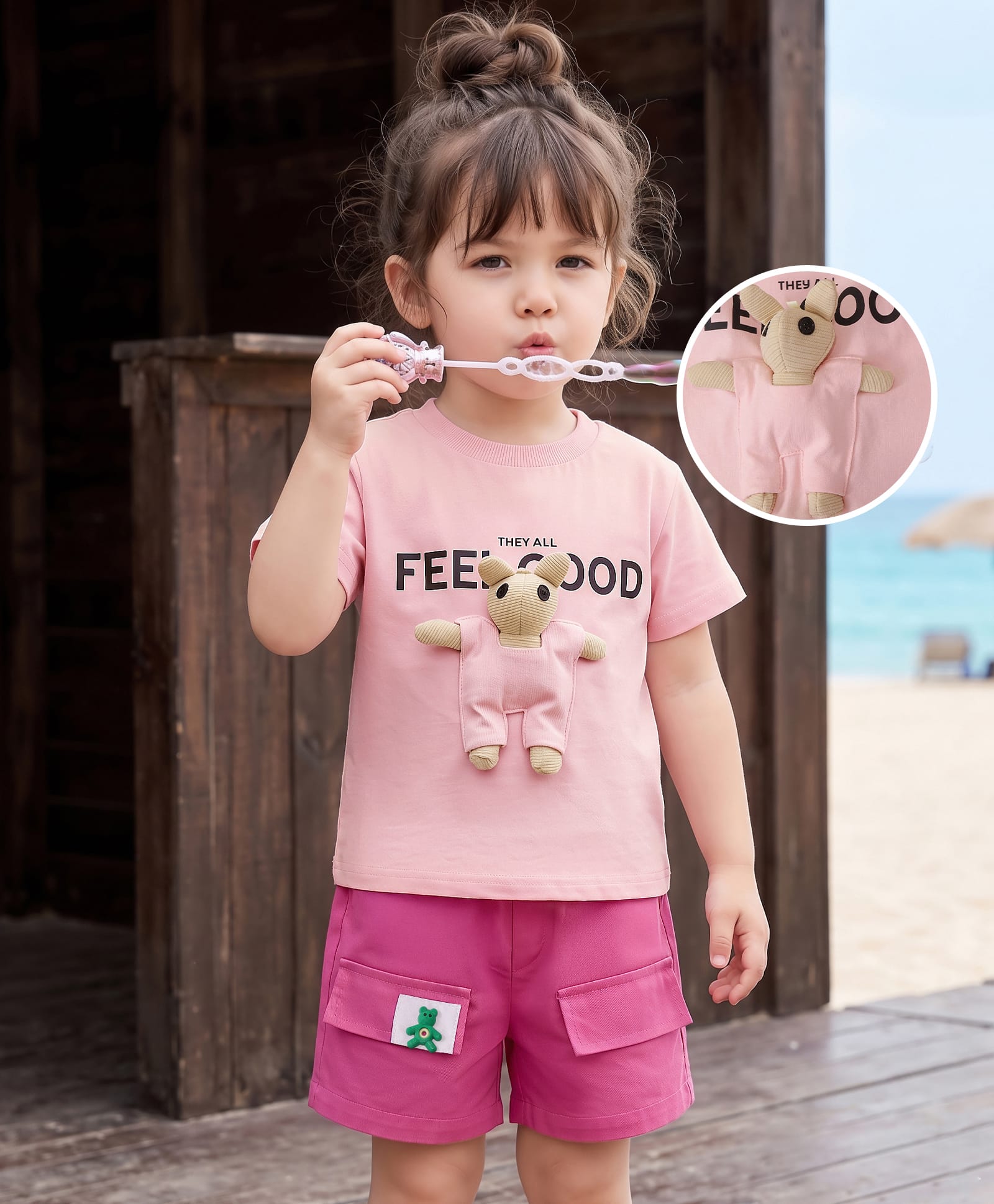 Mark & Mia Cotton Half Sleeves T-Shirt & Shorts Set With Bunny Applique - Pink-picture-20