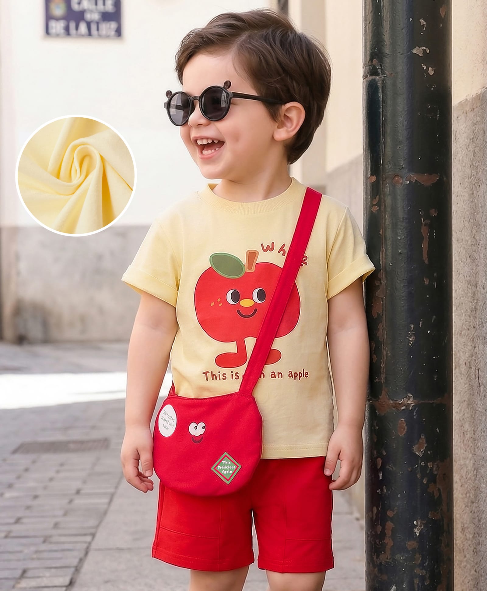 Mark & Mia Half Sleeves T-Shirt & Shorts Set with Apple Print & Sling Bag - Beige & Red-image-47