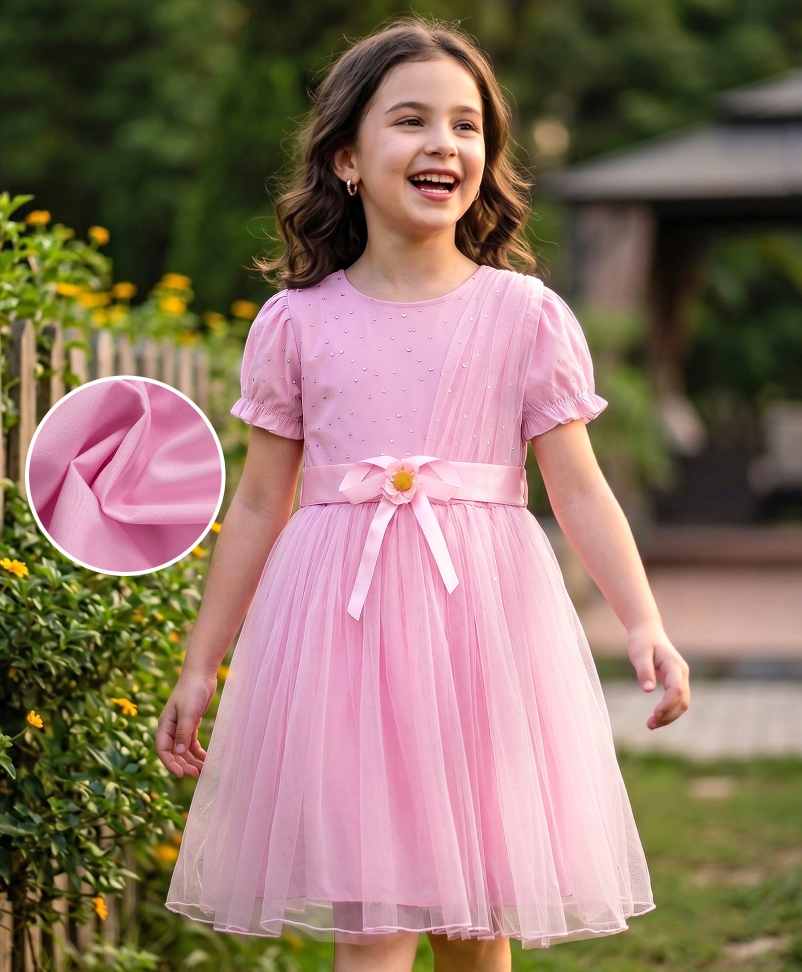 Mark & Mia Half Sleeves Party Dress With Rhinestone Detailing & Floral Applique - Pink-picture-15