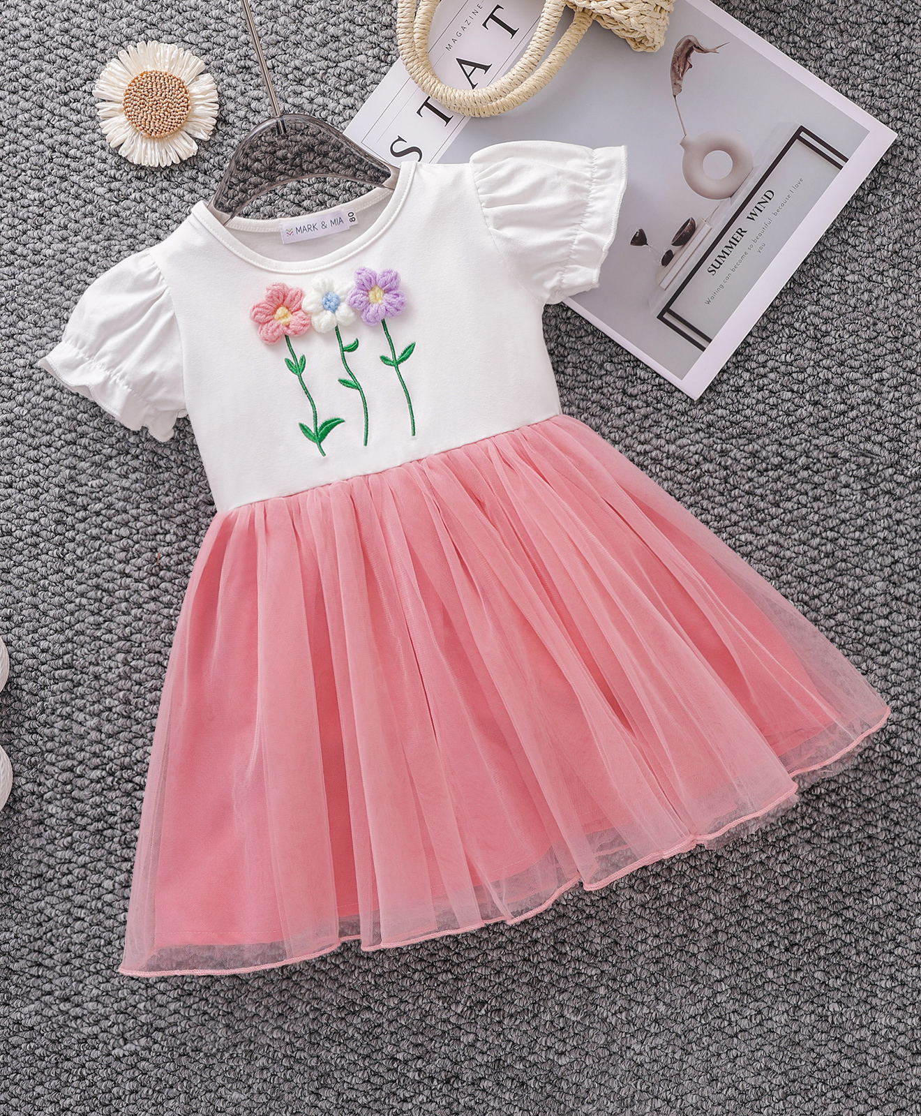 Mark & Mia Cotton Half Sleeves Floral Embroidered Party Wear Frock - White & Pink-image-44