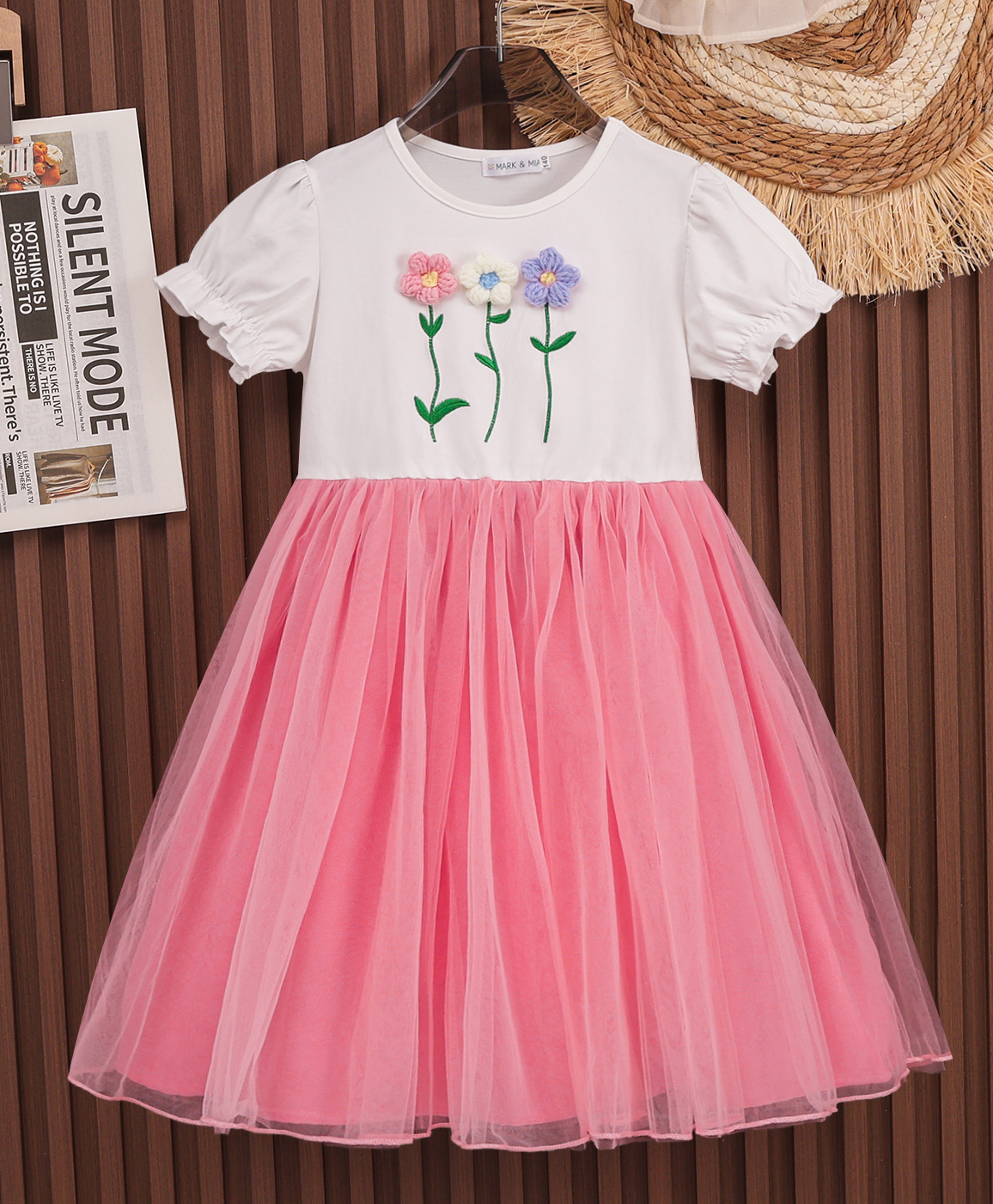 Mark & Mia Cotton Half Sleeves Floral Embroidered Party Wear Frock - White & Pink-image-45