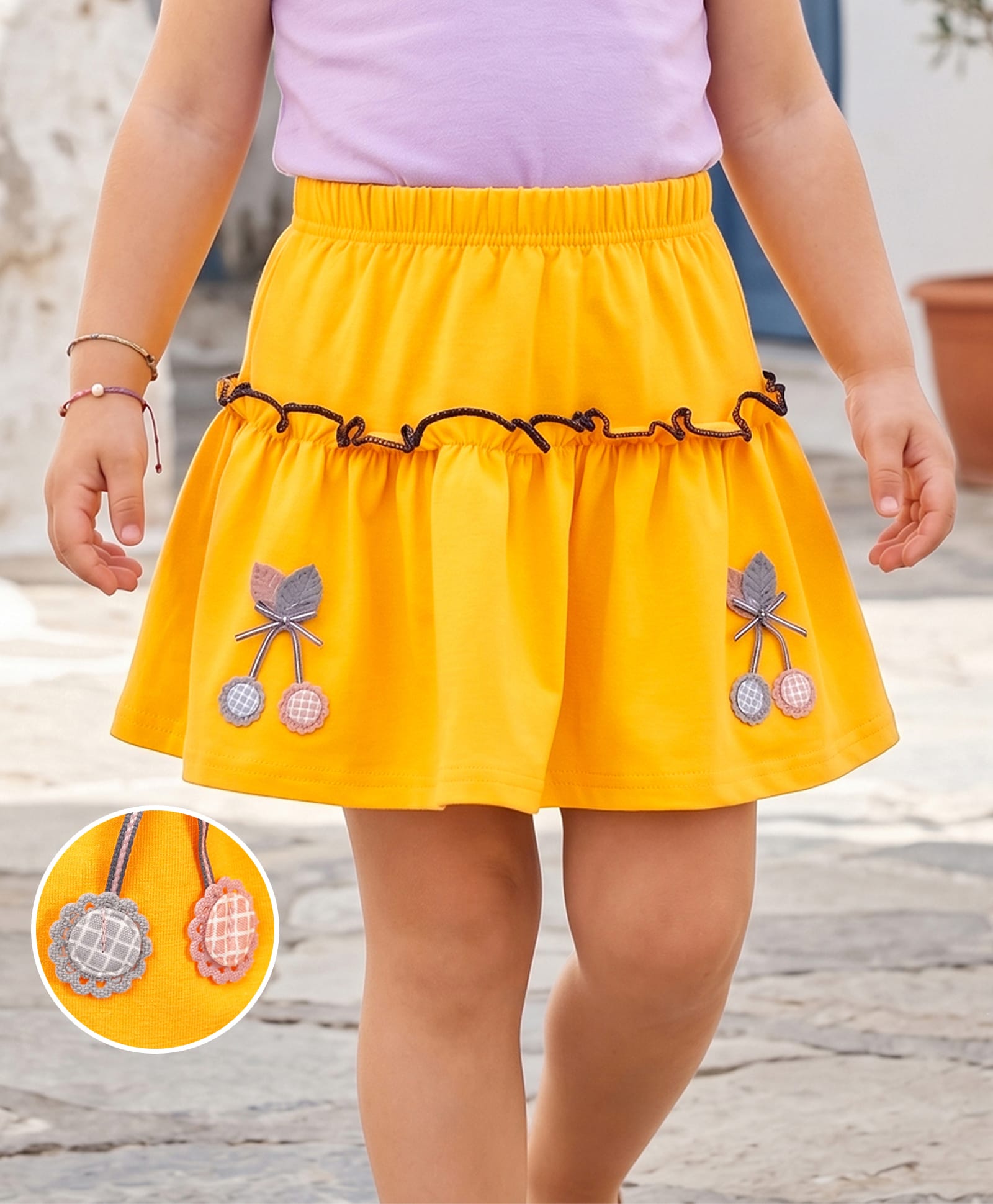 Mark & Mia Cotton Skirt With Floral & Leaves Applique - Yellow-picture-24