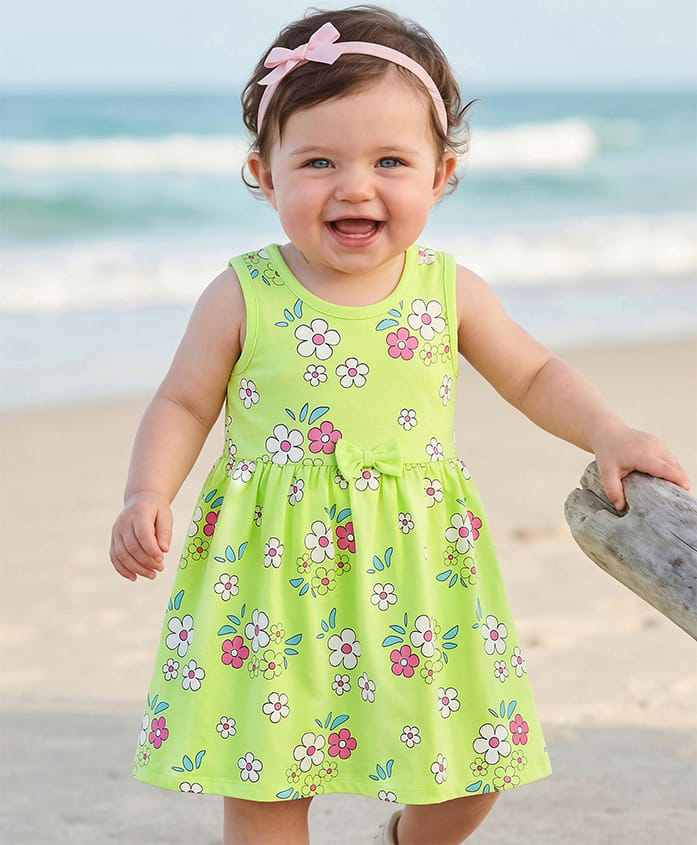 Doodle Poodle 100% Cotton Knit Sleeveless Frock With Floral Print & Bow Applique - Lime Green-picture-41