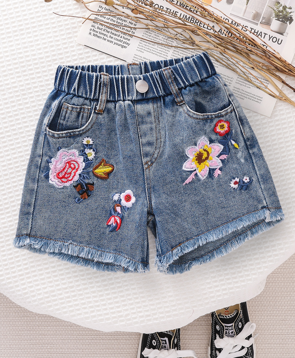 Mark & Mia Denim Floral Embroidered Washed Shorts - Blue-image-38