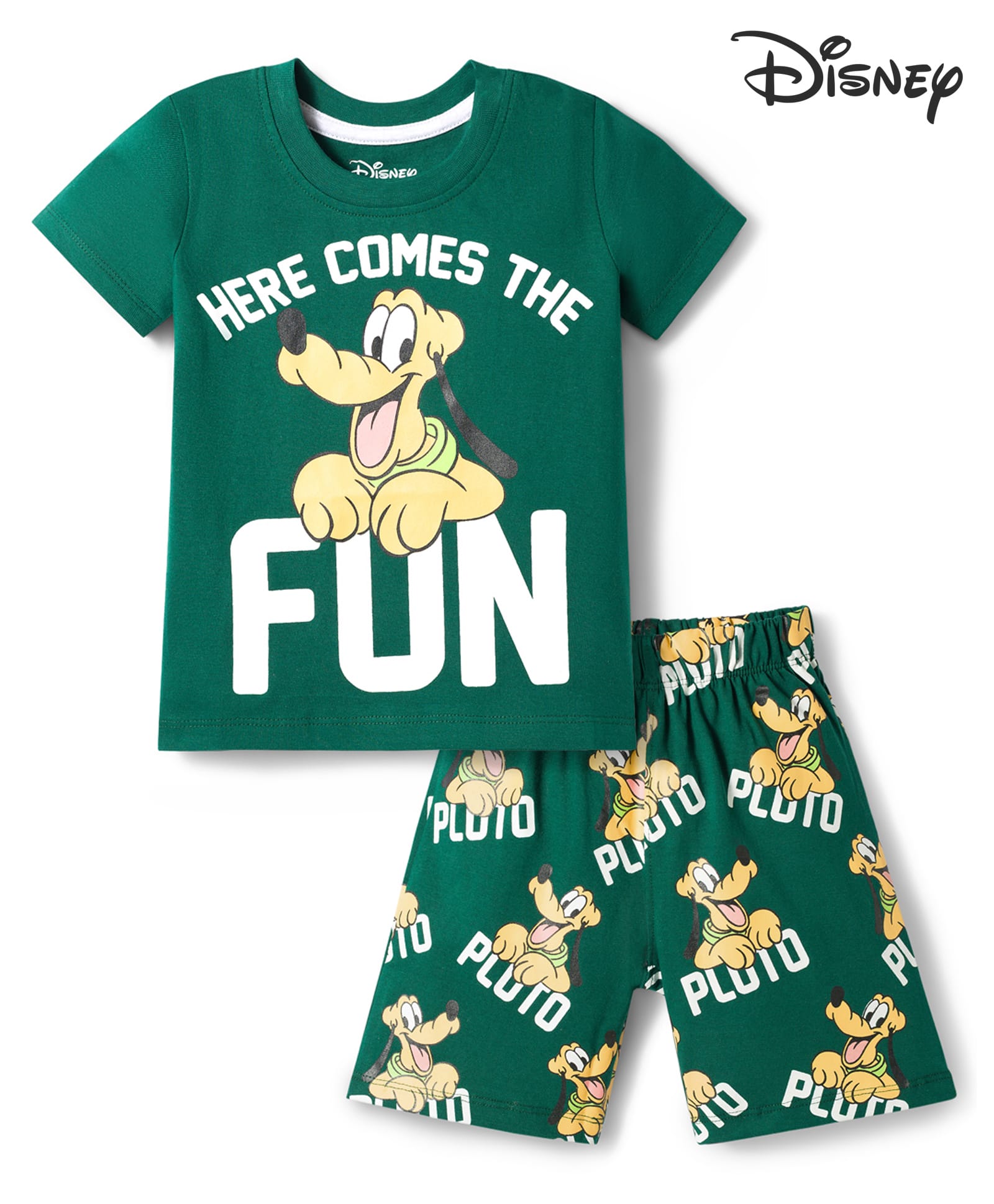 Babyhug Disney Single Jersey Knit Half Sleeves T-Shirt & Shorts Night Suit With Pluto Graphics - Green-image-16
