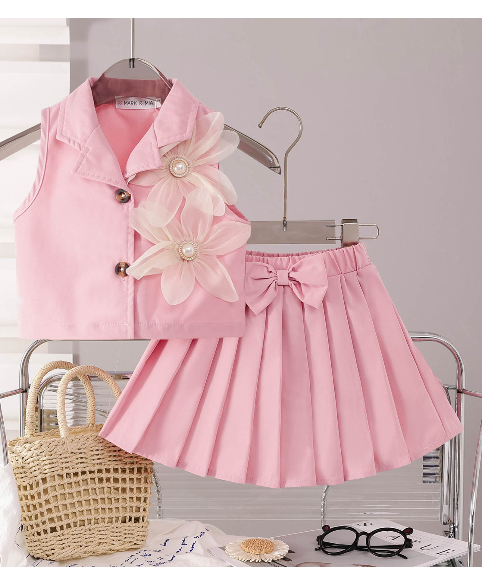 Mark & Mia Sleeveless Floral Applique Top & Skirts Set With Bow - Pink
