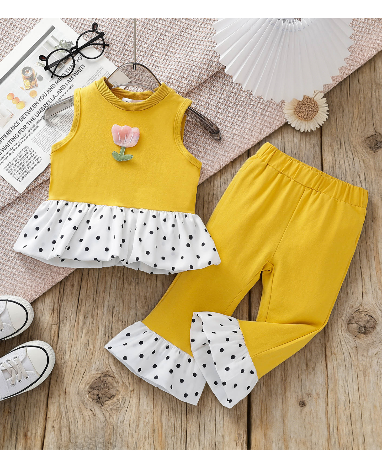 Mark & Mia Cotton Sleeveless Top & Legging Set with Polka Dot Print & Floral Applique - Yellow-image-14