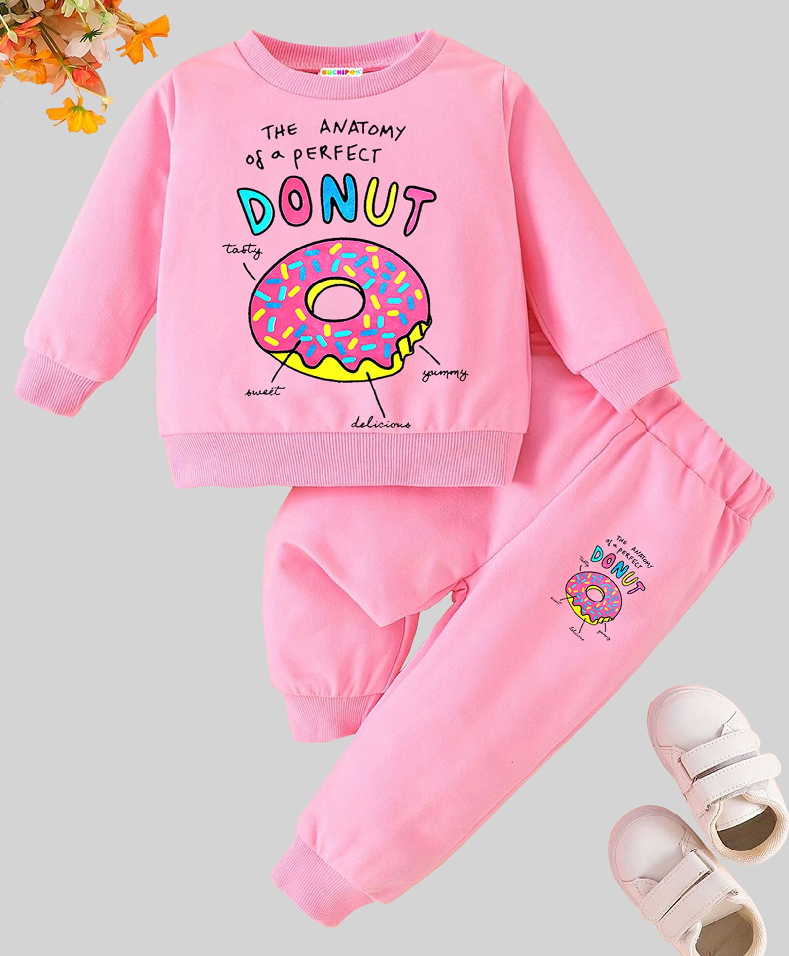 KUCHIPOO Fleece Knit Full Sleeves Donut Printed Sweatshirt & Track Pant Set - Pink-picture-39