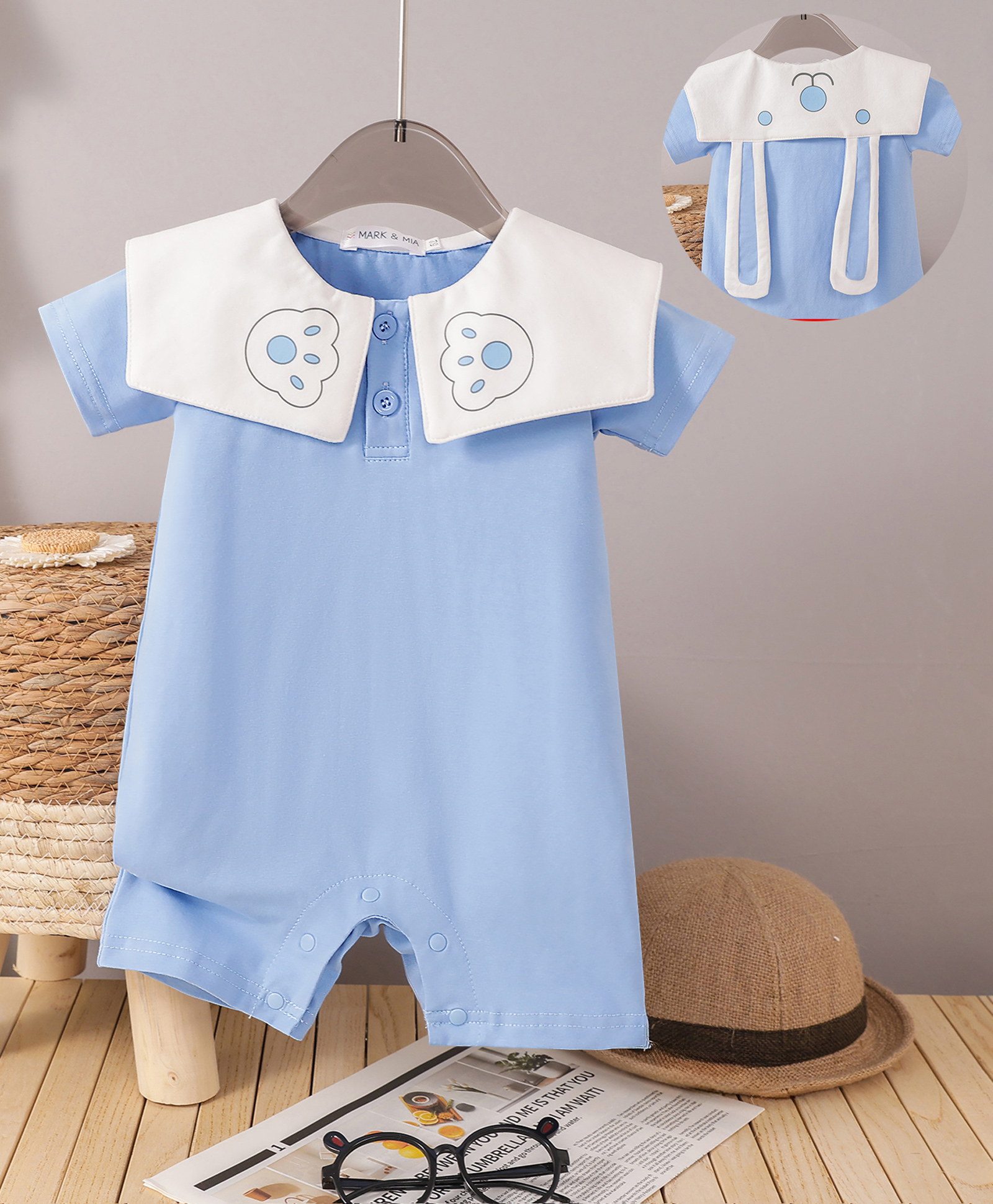 Mark & Mia Cotton Half Sleeves Romper with Bear Print - Light Blue-image-31