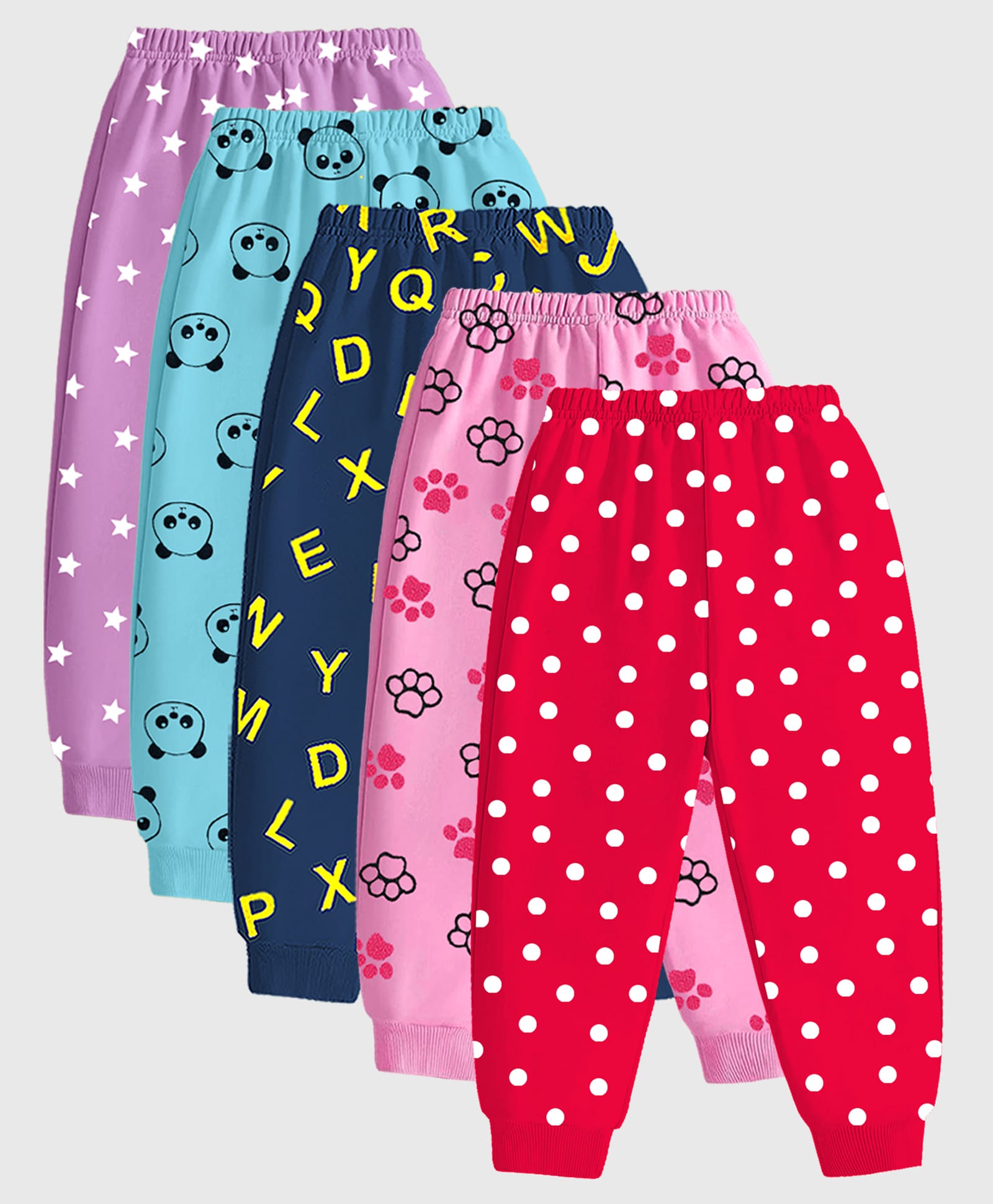 KUCHIPOO Cotton Blend Knit Pack Of 5 Polka Dots Paw Prints & Panda Printed Pajamas - Multi Colour-picture-18