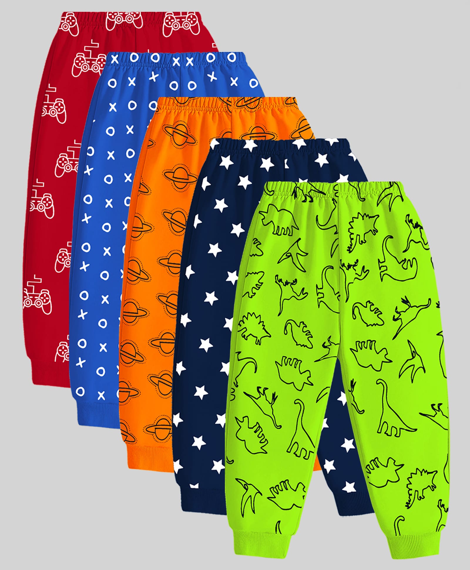 KUCHIPOO Cotton Blend Knit Pack Of 5 Dinosaur Console & Stars Printed Pajamas - Multi Colour-picture-30