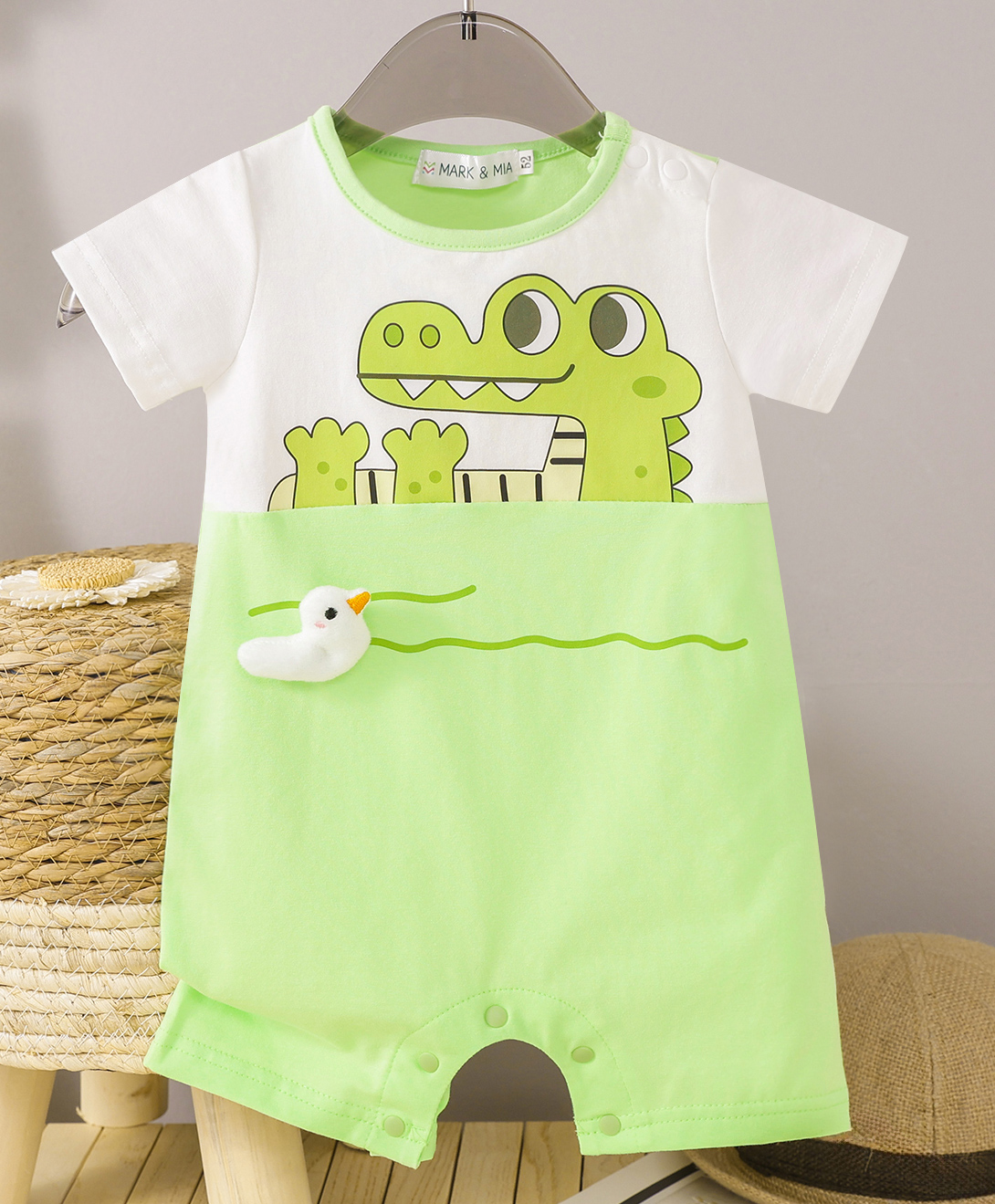 Mark & Mia Cotton Half Sleeves Romper with Dino Print & Bird Applique - Light Green-image-18