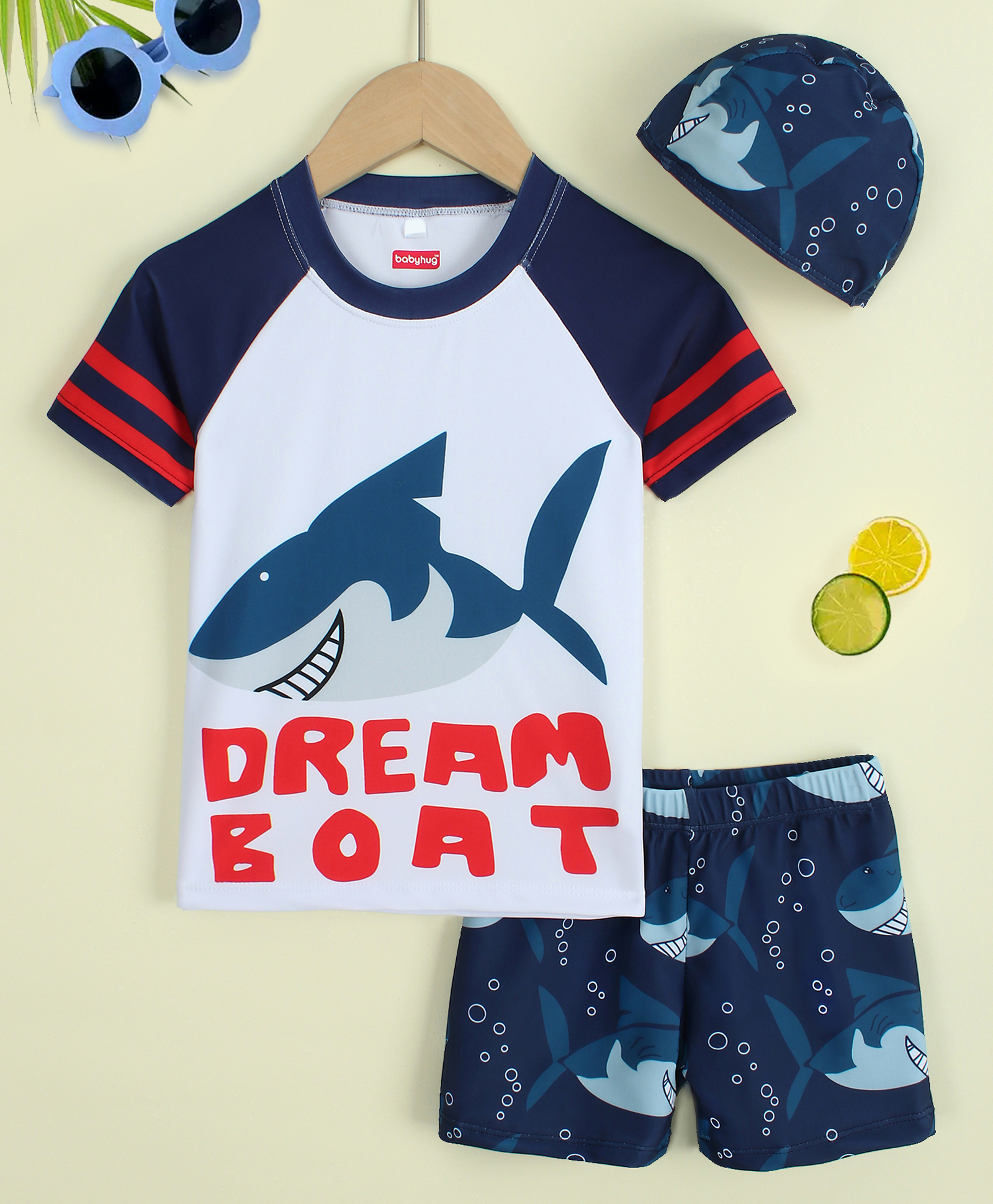 Babyhug Raglan Half Sleeves Shark Printed Two Piece Swimsuit With Cap - Navy Blue