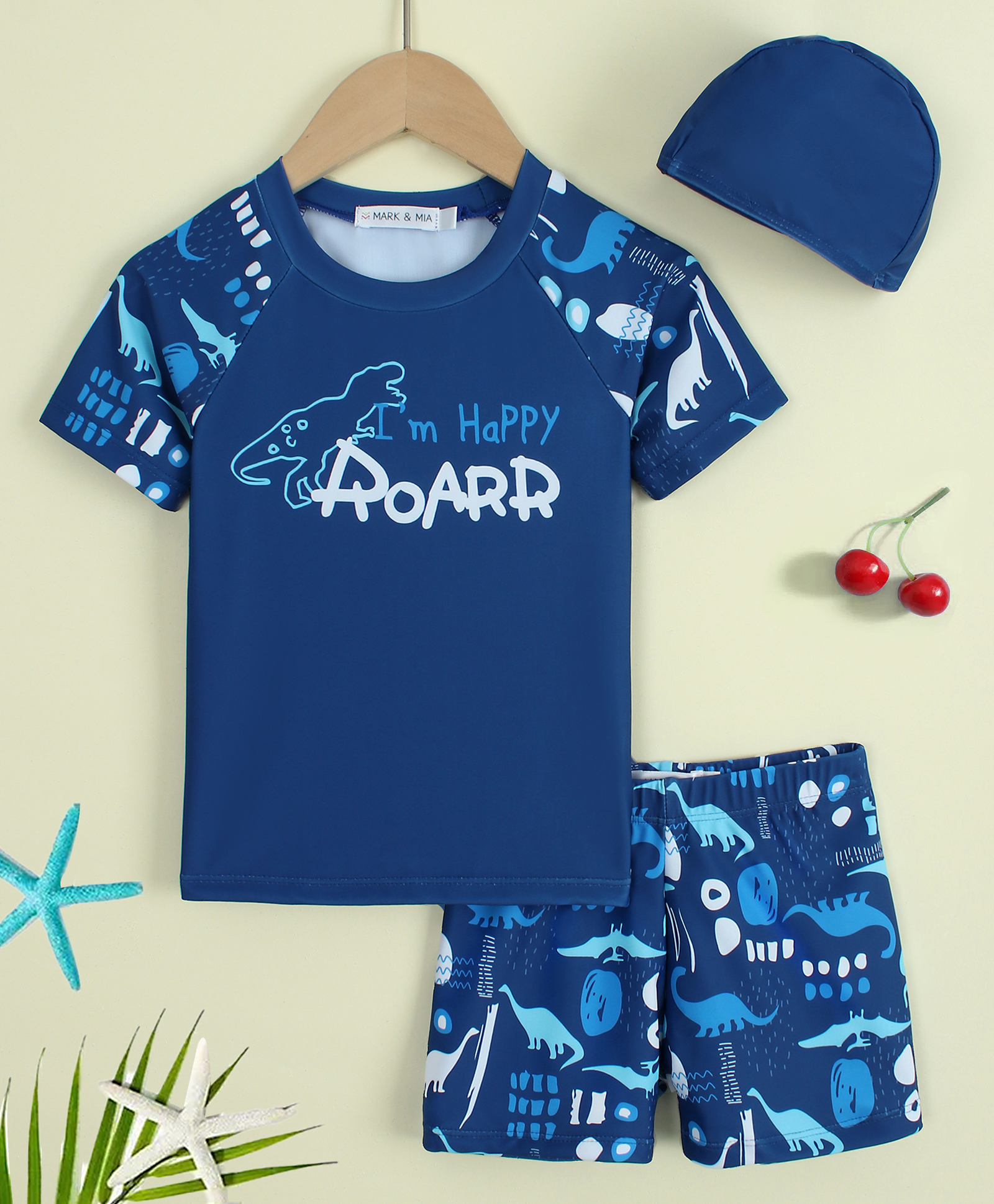 Mark & Mia Raglan Half Sleeves Dino Printed Two Piece Swimsuit With Cap - Navy Blue