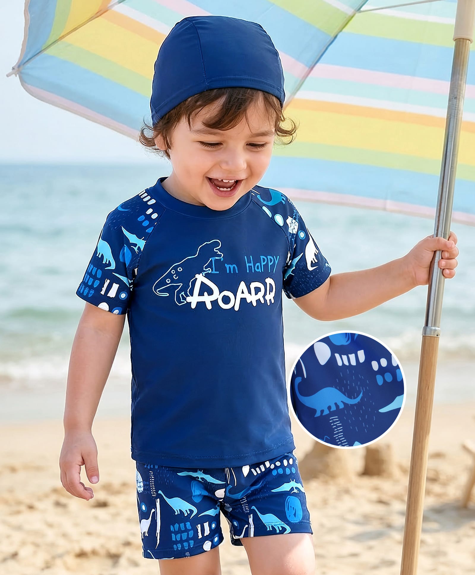 Mark & Mia Raglan Half Sleeves Dino Printed Two Piece Swimsuit With Cap - Navy Blue-picture-25