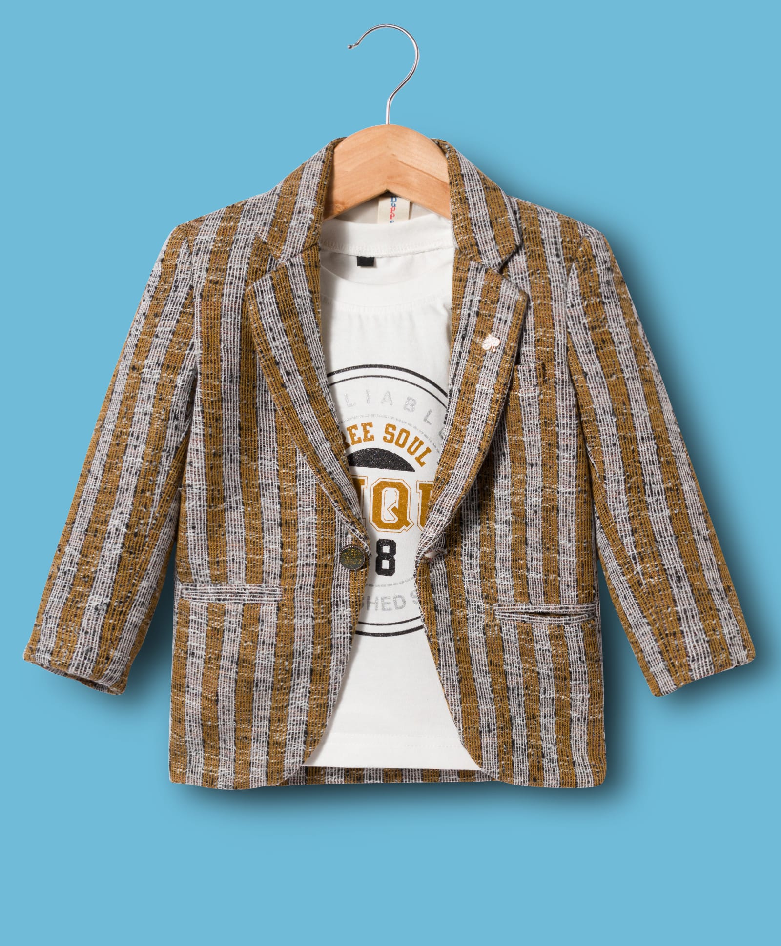 Dapper Dudes Full Sleeves Striped Blazer With Typography Tee - Mustard-picture-29