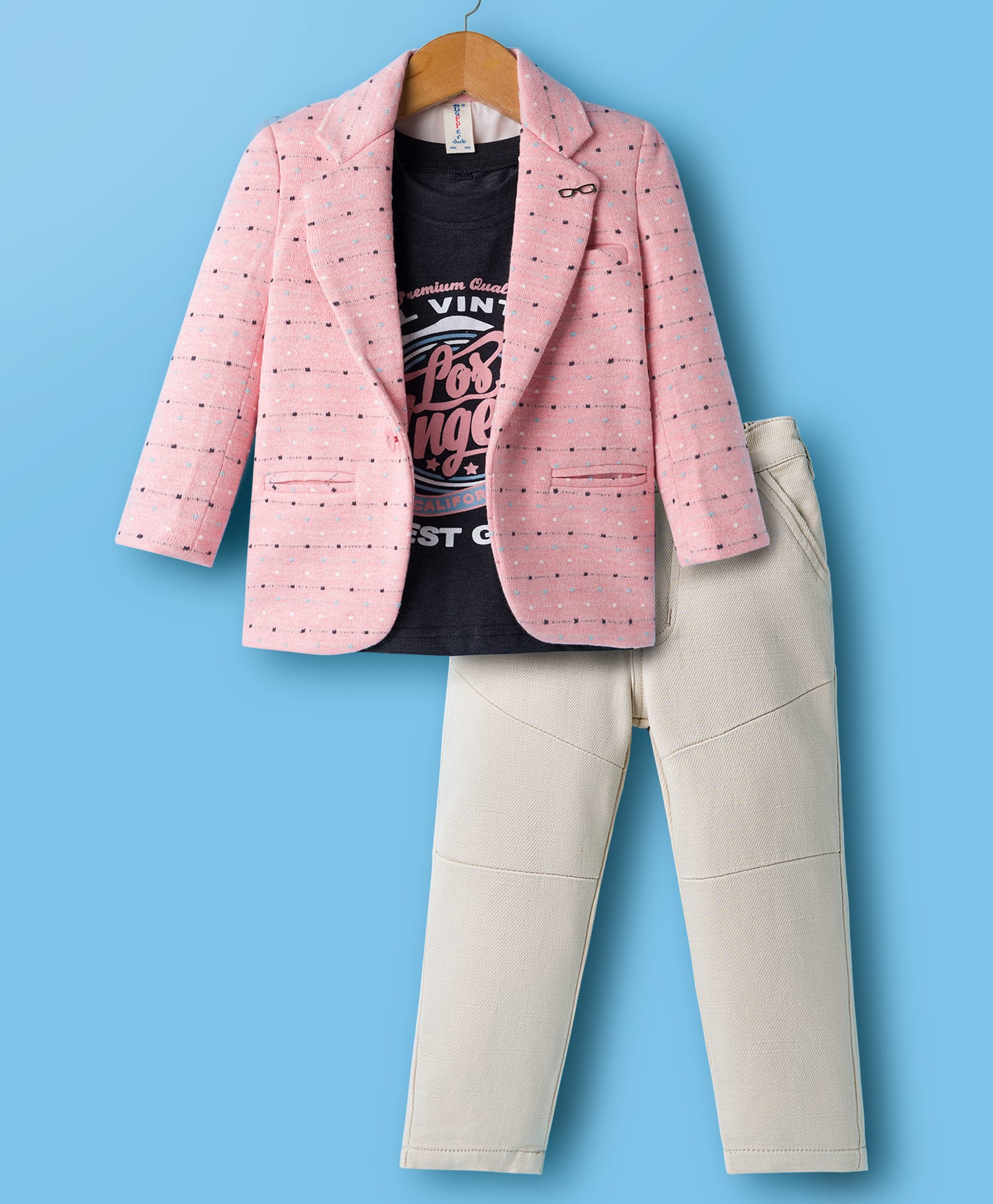 Dapper Dudes Full Sleeves Embroidered Blazer Typography Printed Tee & Pant Set - Pink-image-2