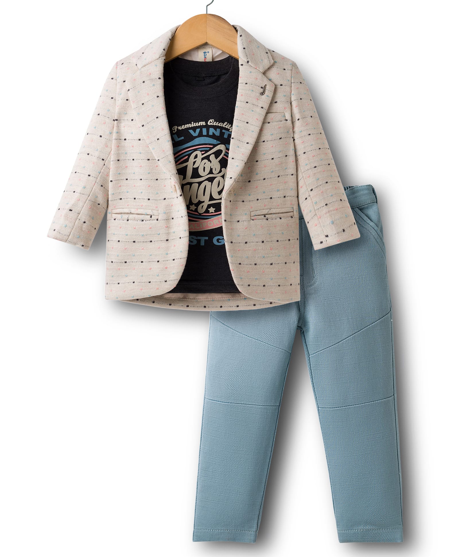 Dapper Dudes Full Sleeves Embroidered Blazer Typography Printed Tee & Pant Set - Fawn-image-16